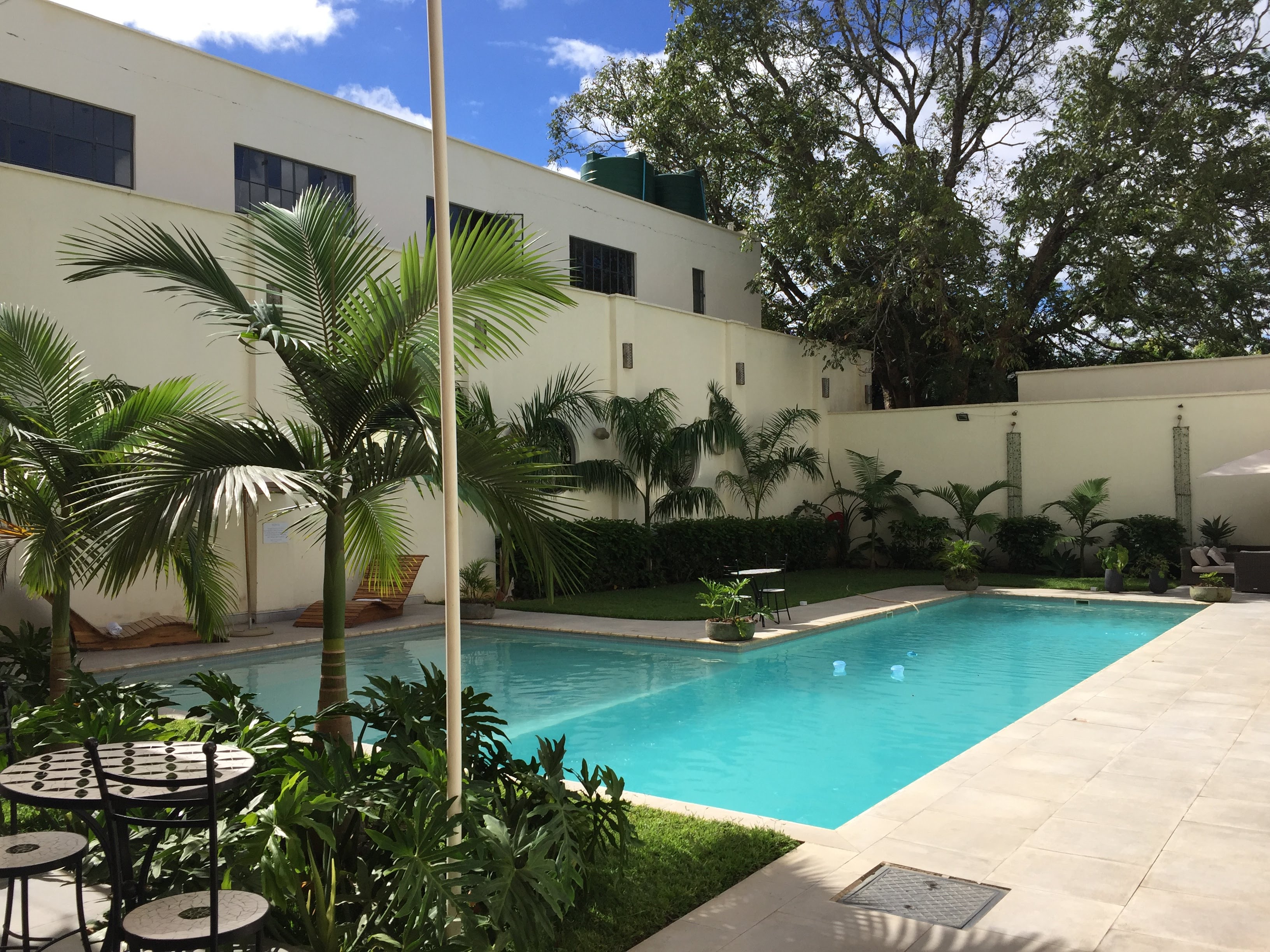 Latitude 15 pool framed by tall palms and white walls, Lusaka