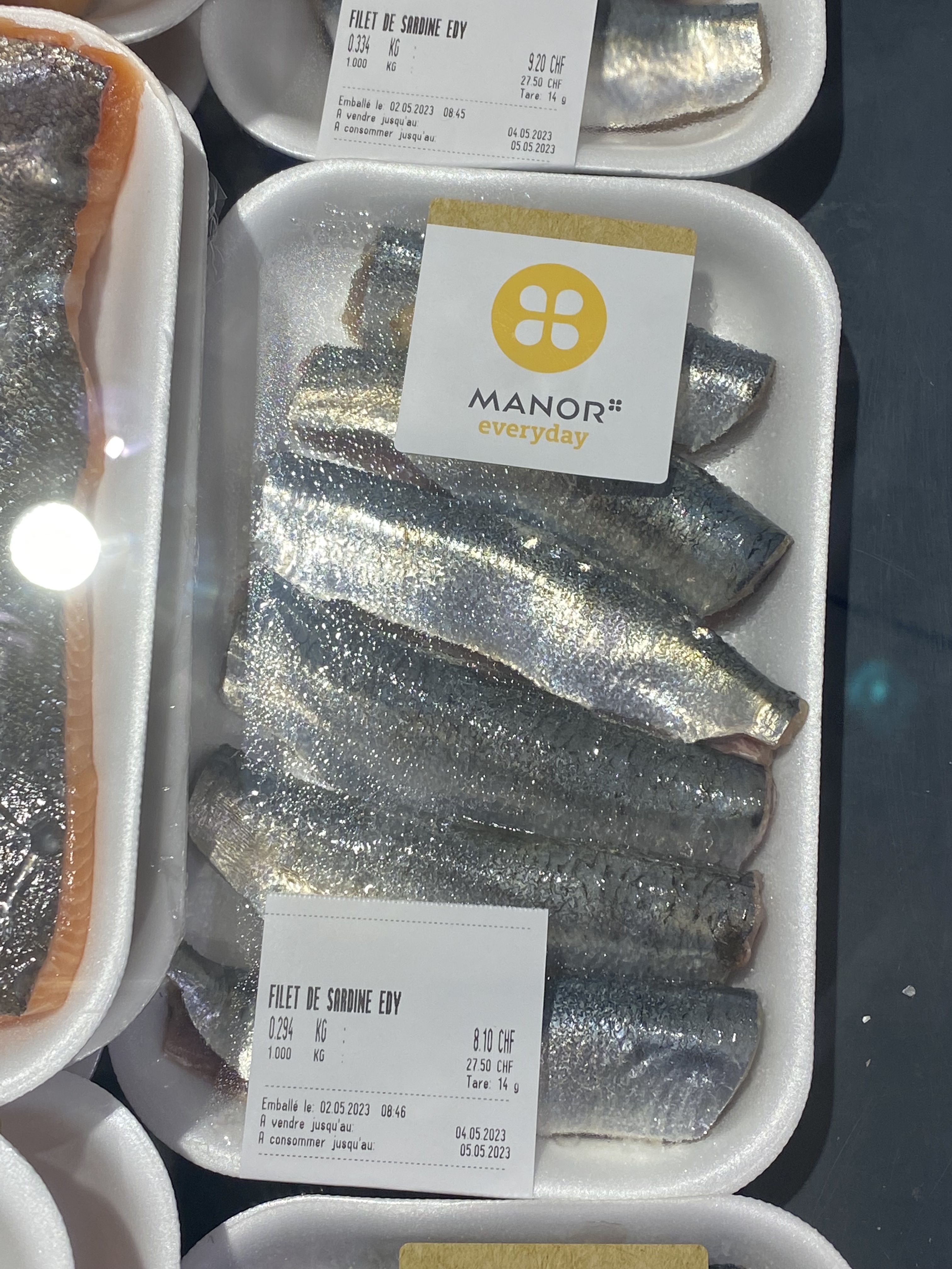 Fresh sardine fillets at Manor, Geneva