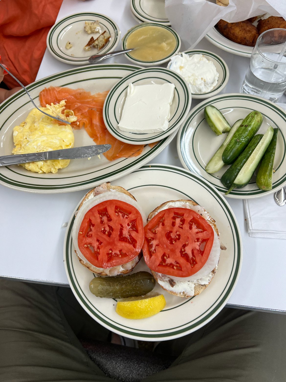 Bagel, smoked salmon, scrambled eggs and pickles at Barney Greengrass