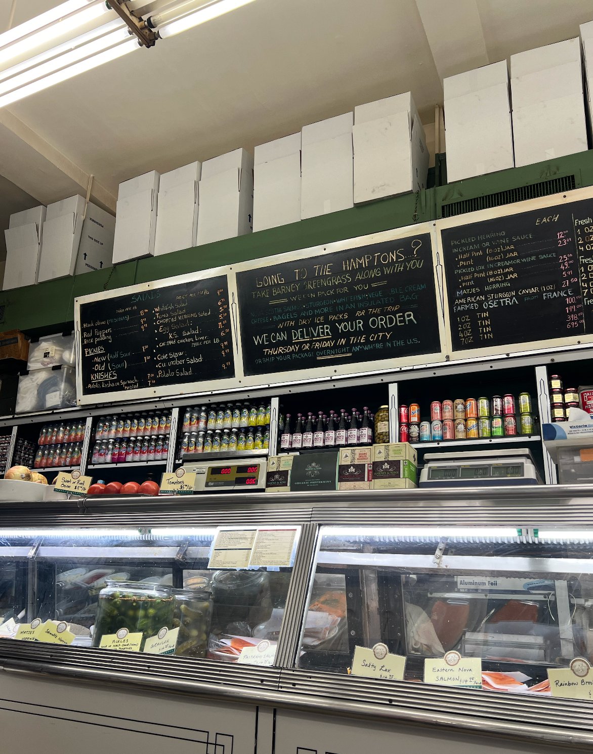 The counter at Barney Greengrass — smoked fish, lox, whitefish