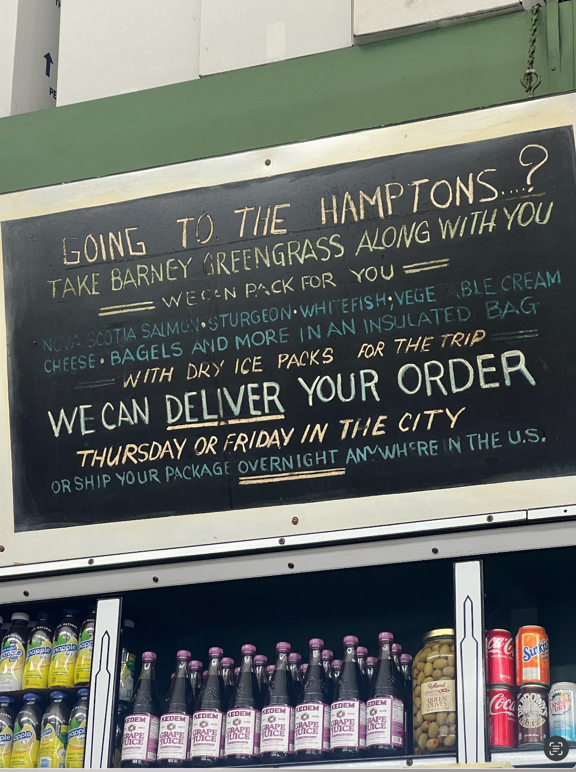 Barney Greengrass blackboard — Going to the Hamptons?