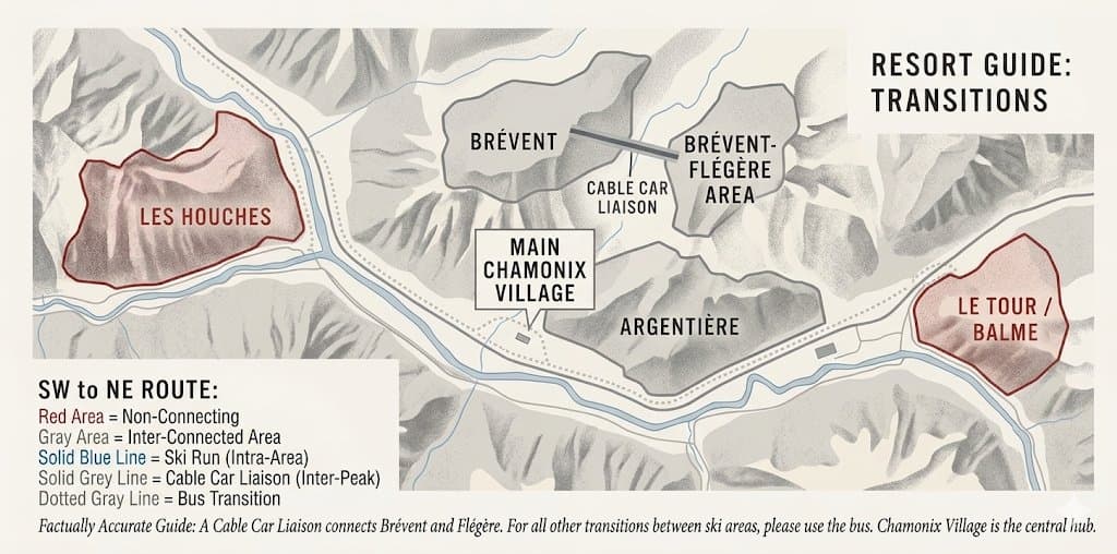 Map of the Chamonix ski areas showing the links and bus transitions between the guide's blue runs