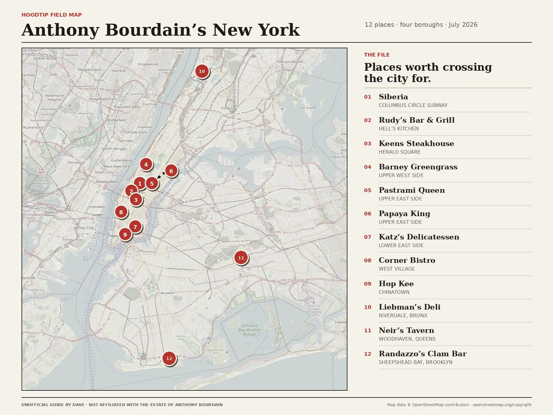 Map of New York showing twelve numbered Anthony Bourdain haunts across four boroughs