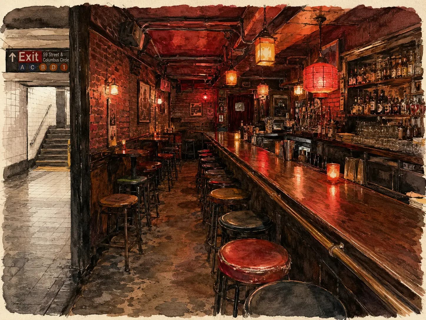 Watercolor illustration of the underground Siberia bar near Columbus Circle