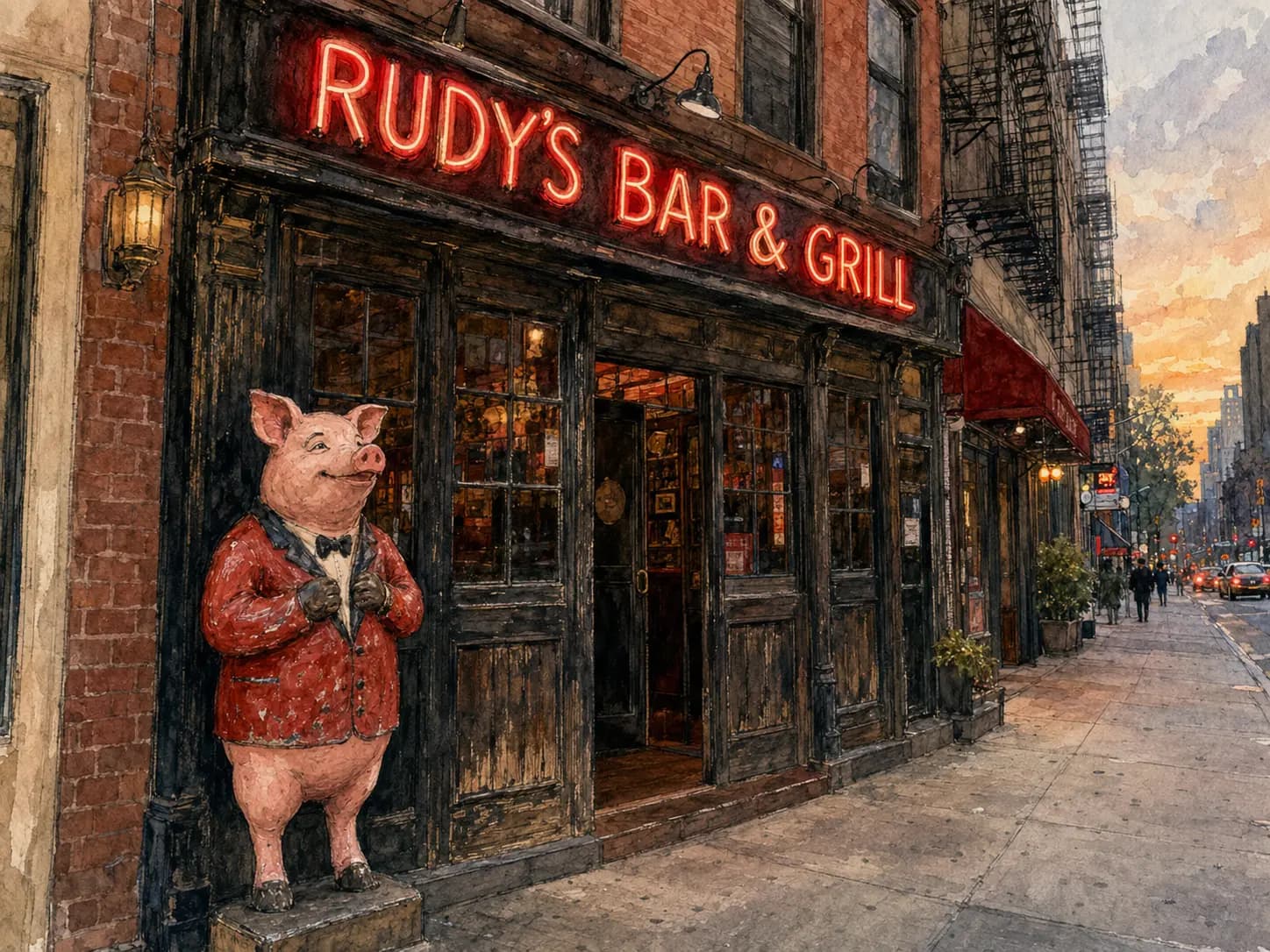 Watercolor illustration of Rudy's Bar & Grill and its red-jacketed pig mascot