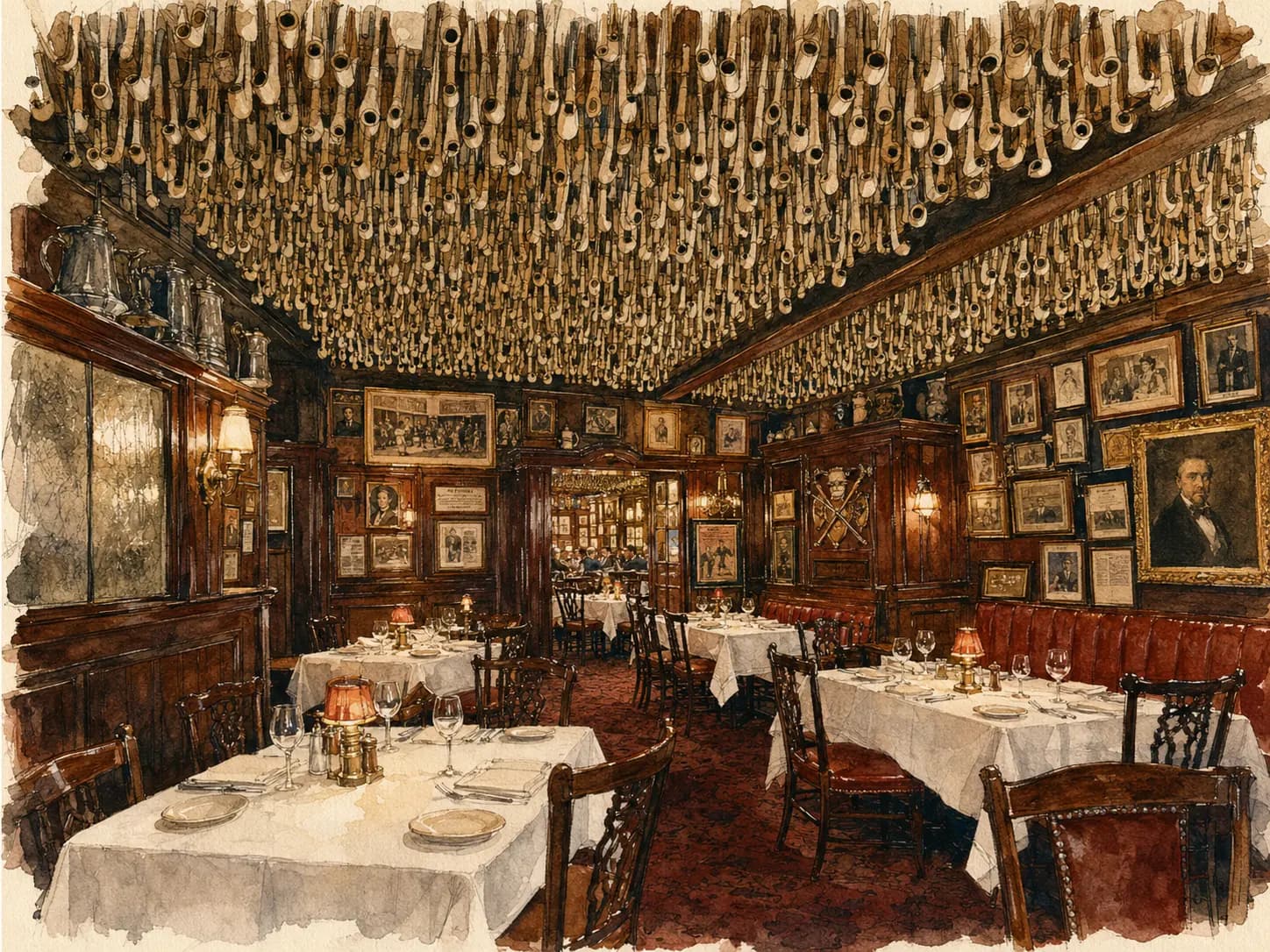 Watercolor illustration of the pipe-lined dining room at Keens Steakhouse