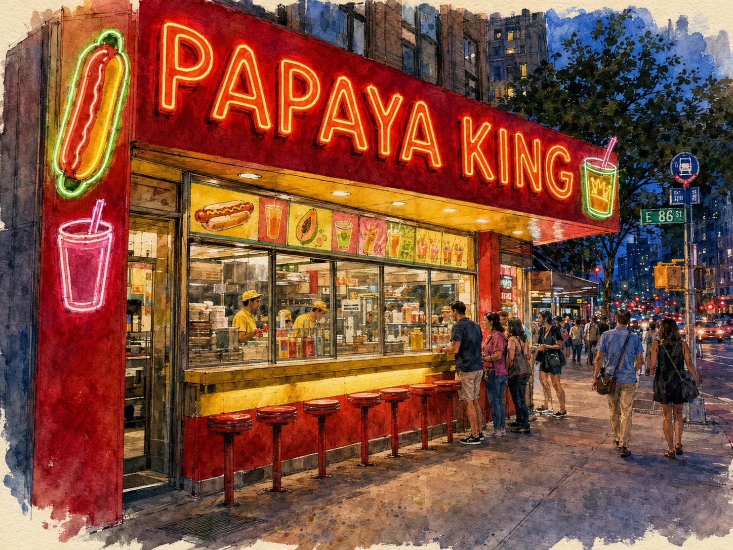 Watercolor illustration of Papaya King's bright red-and-yellow hot dog counter