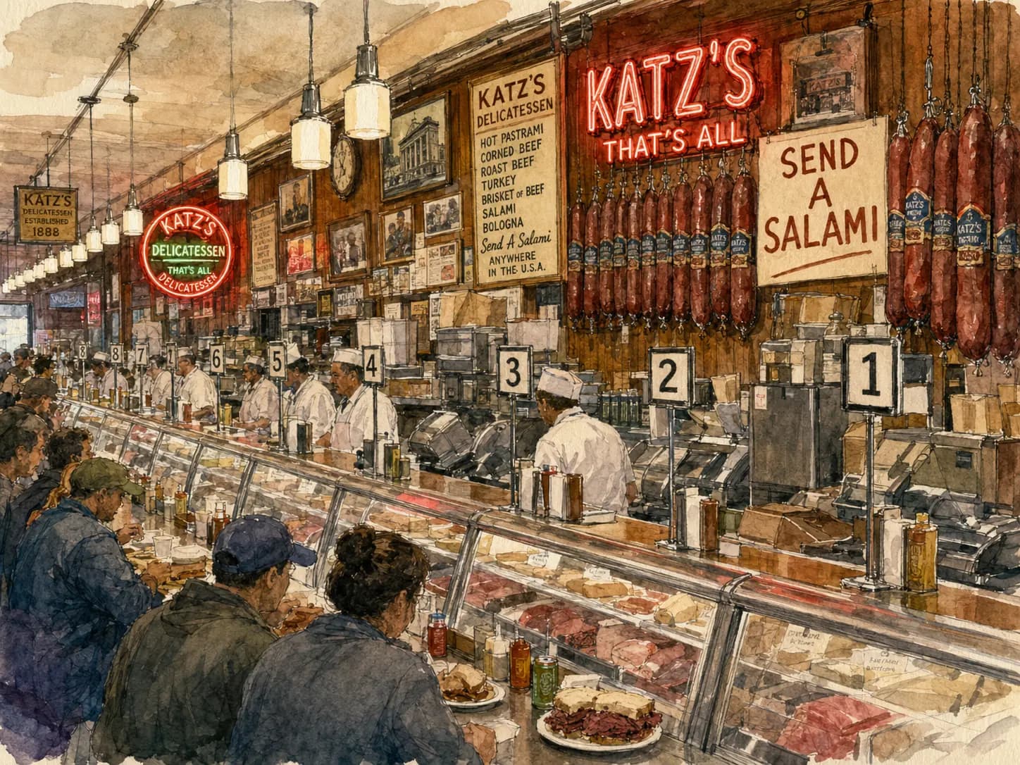 Watercolor illustration of the busy cutter counter inside Katz's Delicatessen