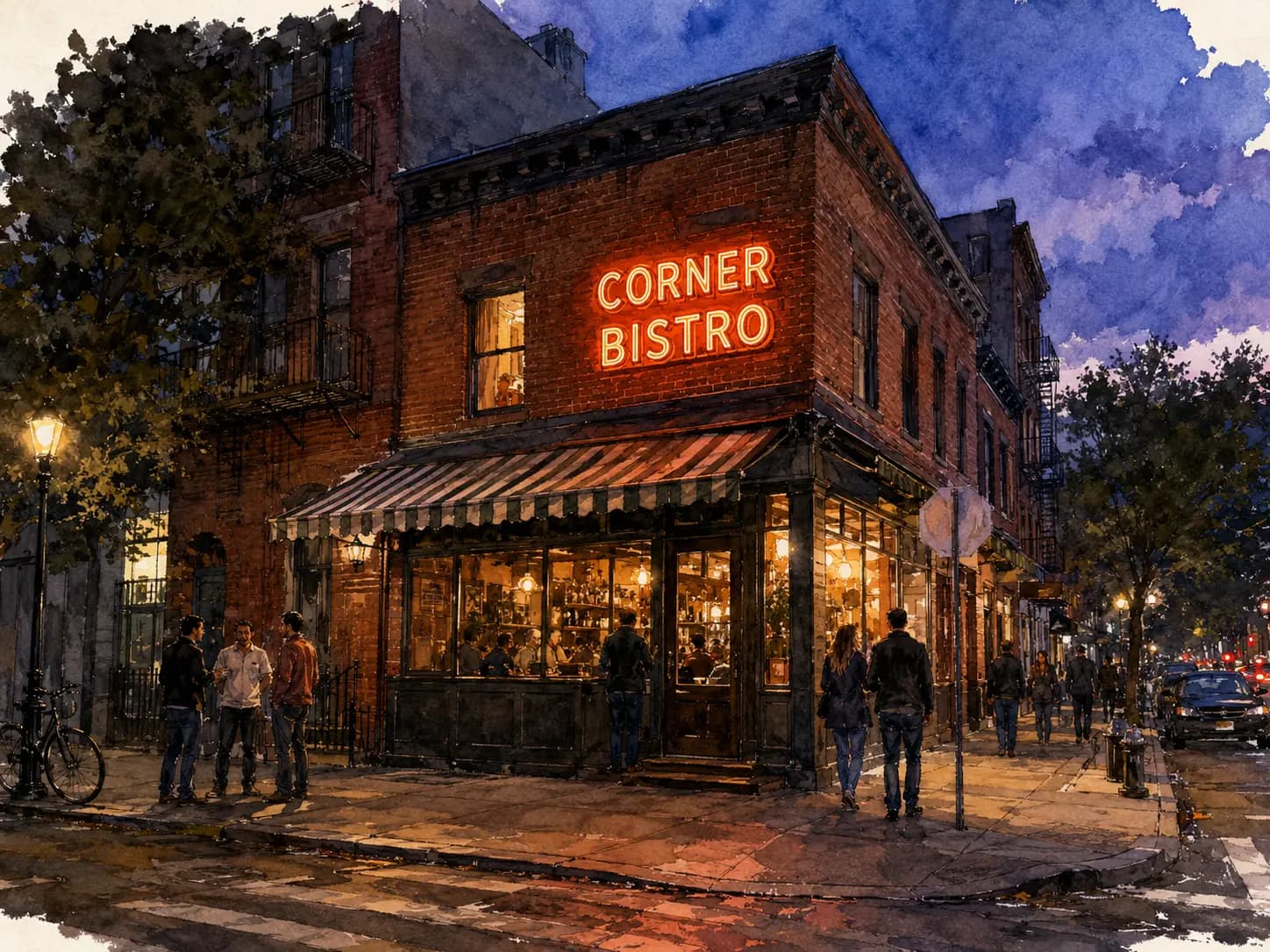 Watercolor illustration of Corner Bistro's brick exterior and glowing neon at dusk