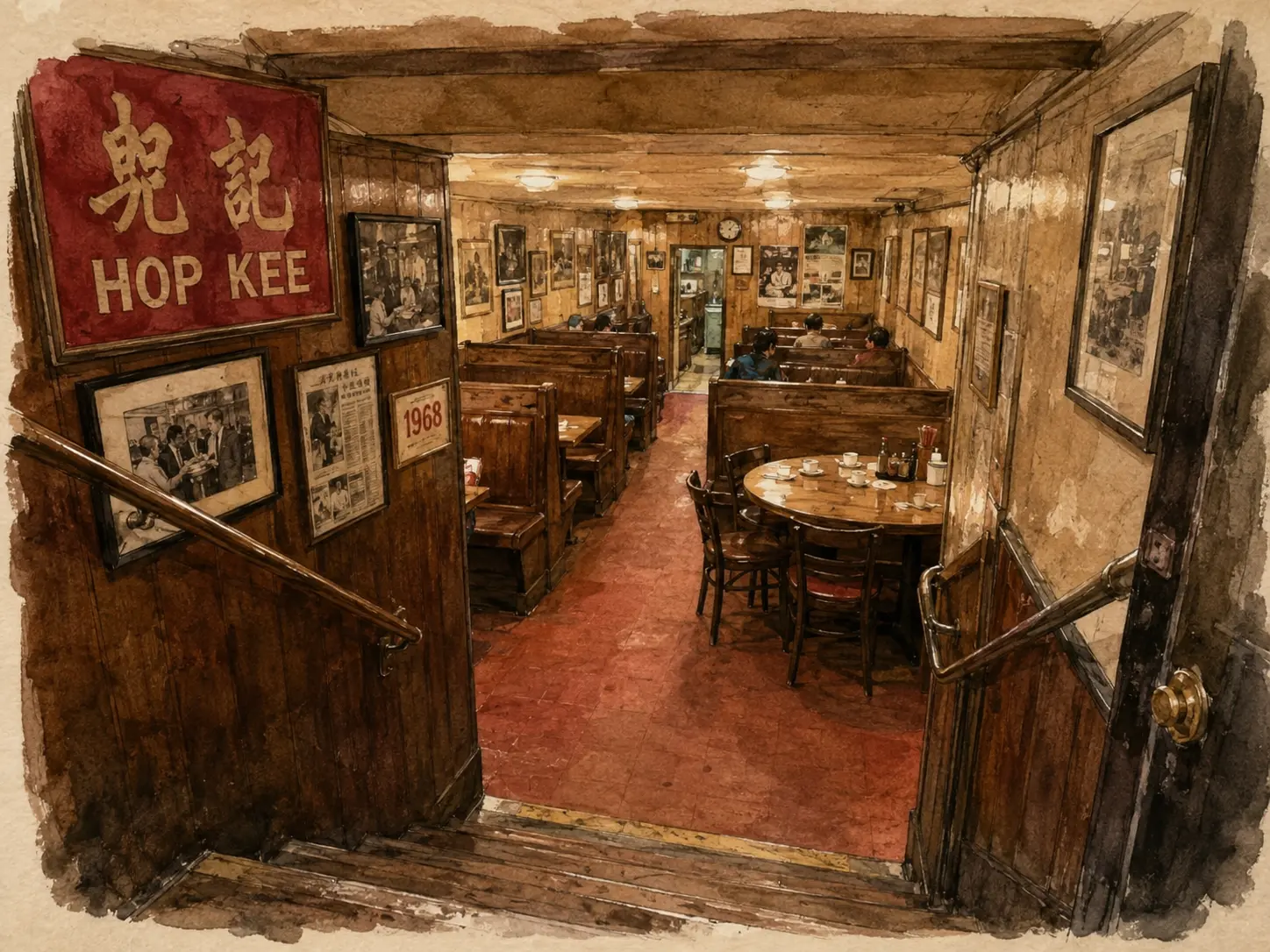 Watercolor illustration of the basement entrance and old-school dining room at Hop Kee