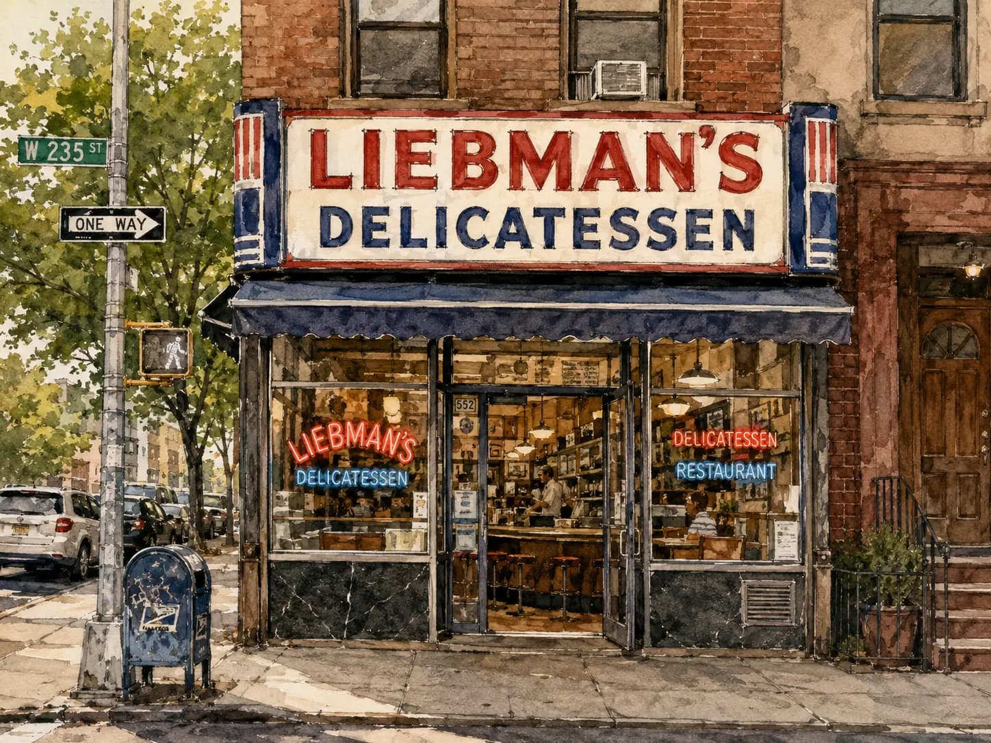Watercolor illustration of Liebman's Deli storefront in Riverdale