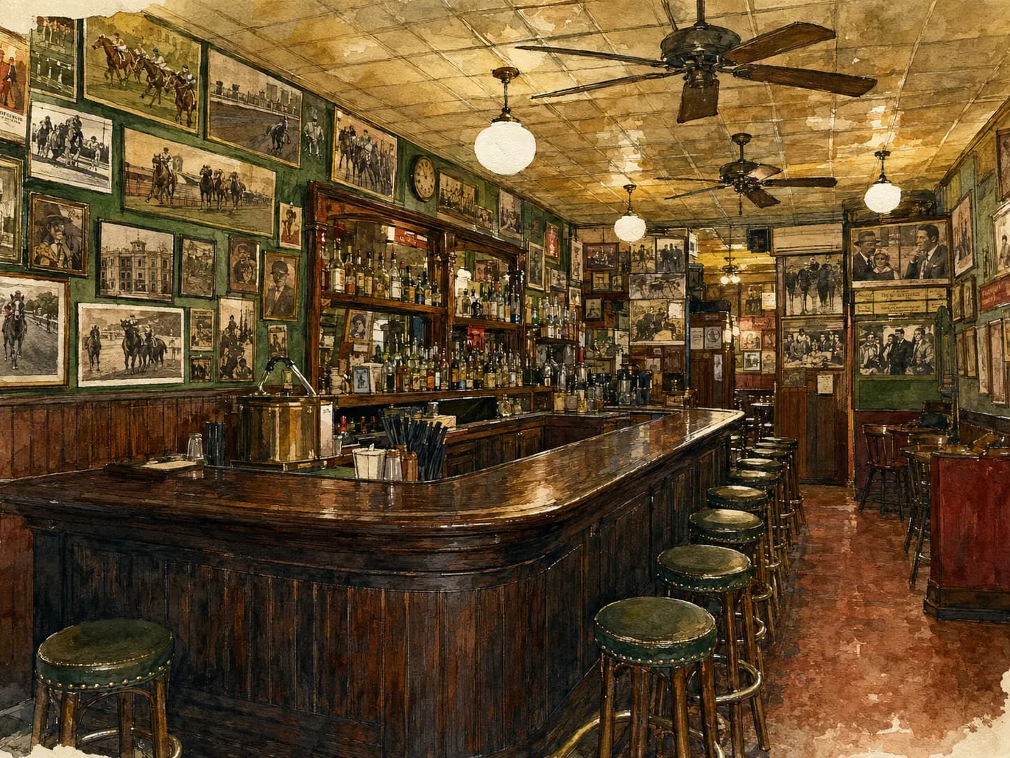 Watercolor illustration of the historic bar and memorabilia inside Neir's Tavern