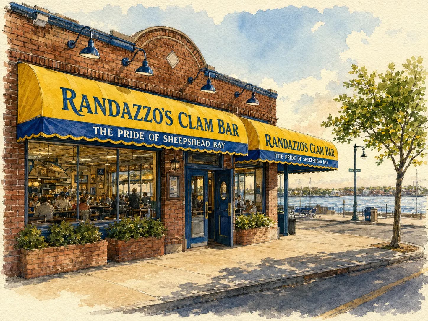 Watercolor illustration of Randazzo's Clam Bar by the Sheepshead Bay waterfront