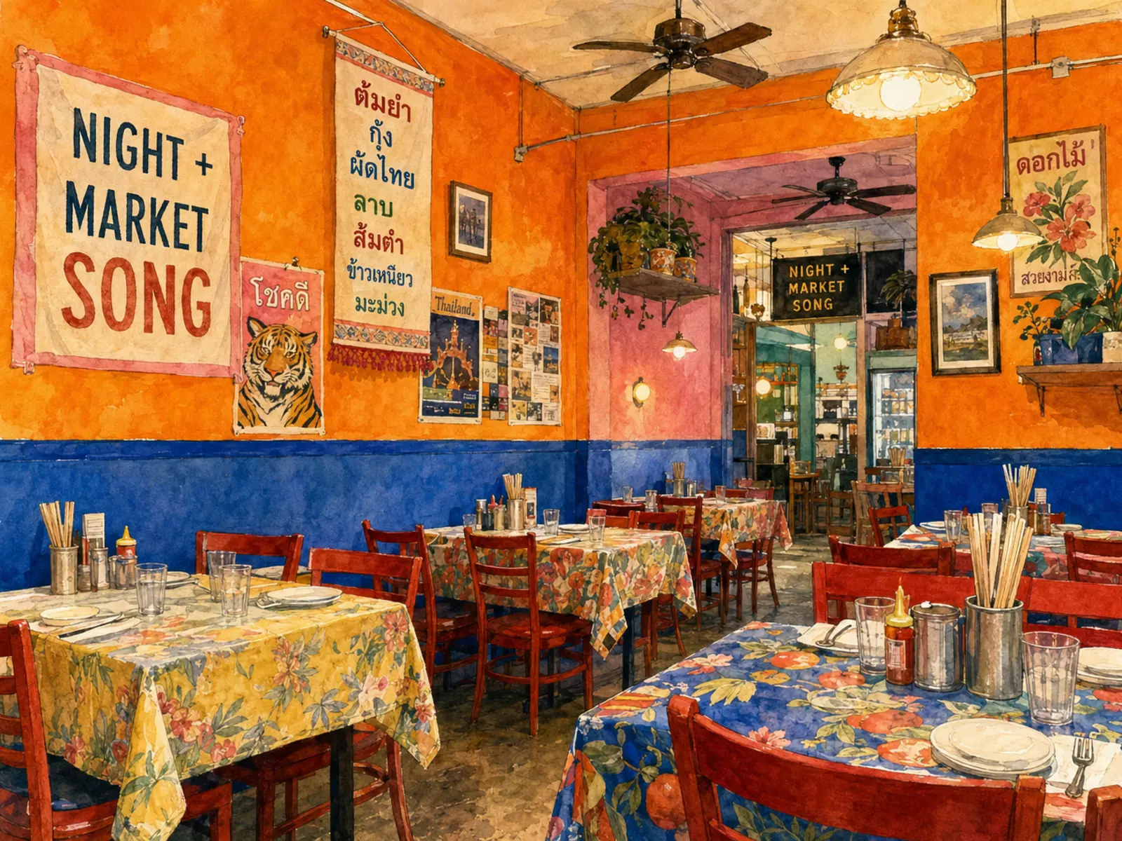 Watercolor illustration of Night + Market Song's colorful orange-and-blue dining room in Silver Lake
