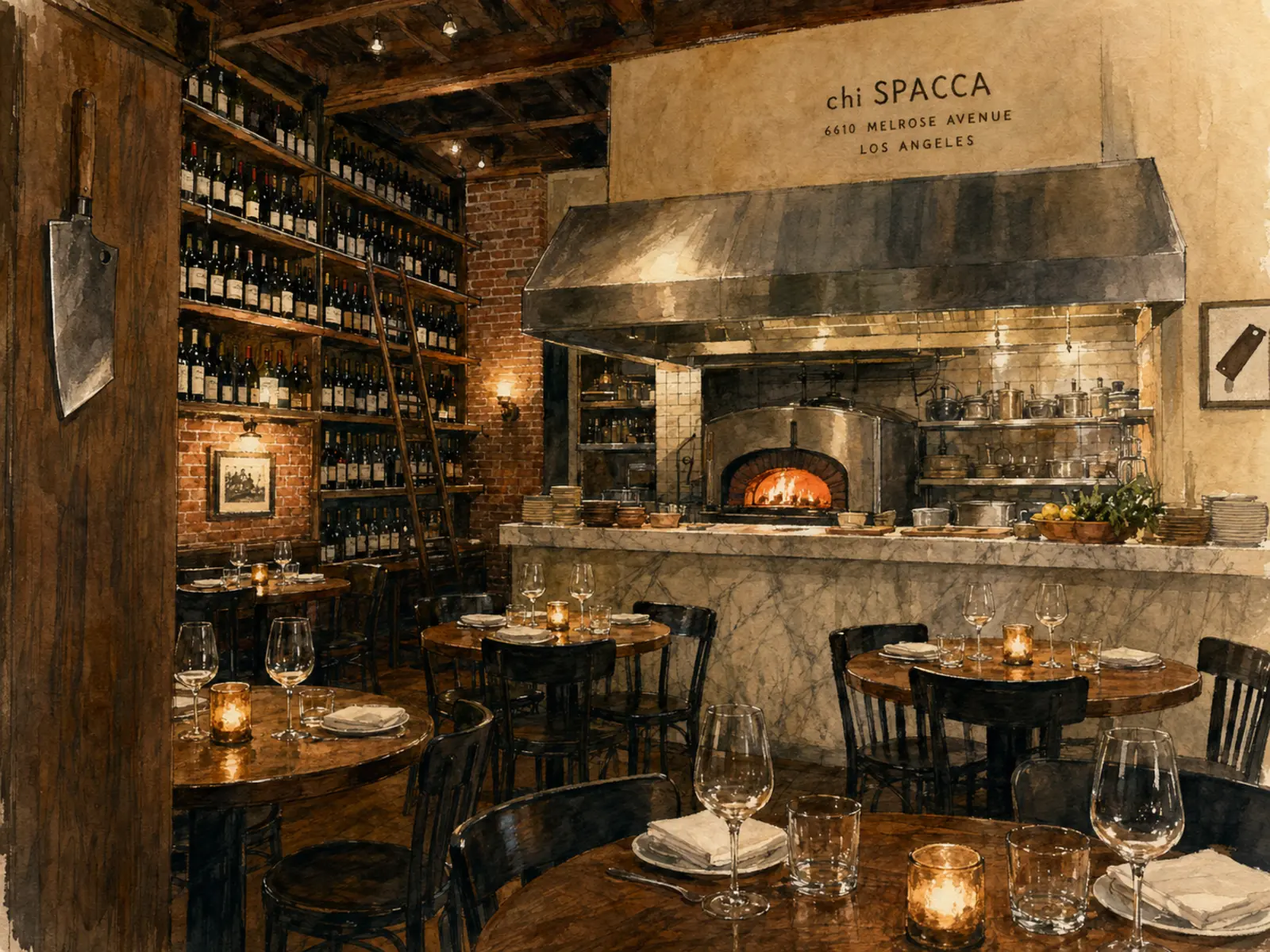 Watercolor illustration of chi SPACCA's intimate bottle-lined dining room and open kitchen in Los Angeles