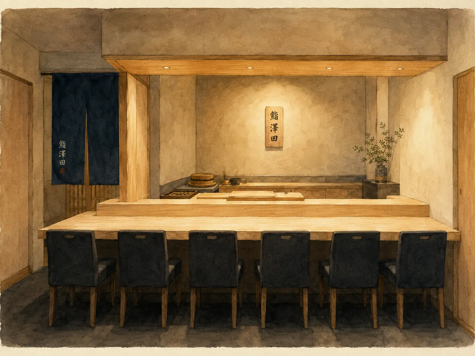 Interpretive watercolor of Sawada's intimate six-seat hinoki sushi counter in Ginza Tokyo