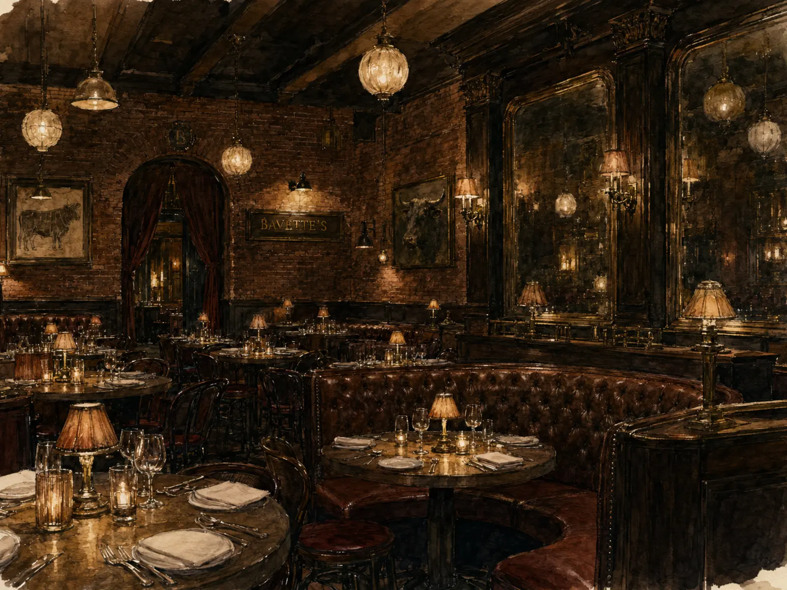 Watercolor illustration of Bavette's dimly lit brick-and-leather dining room in Chicago