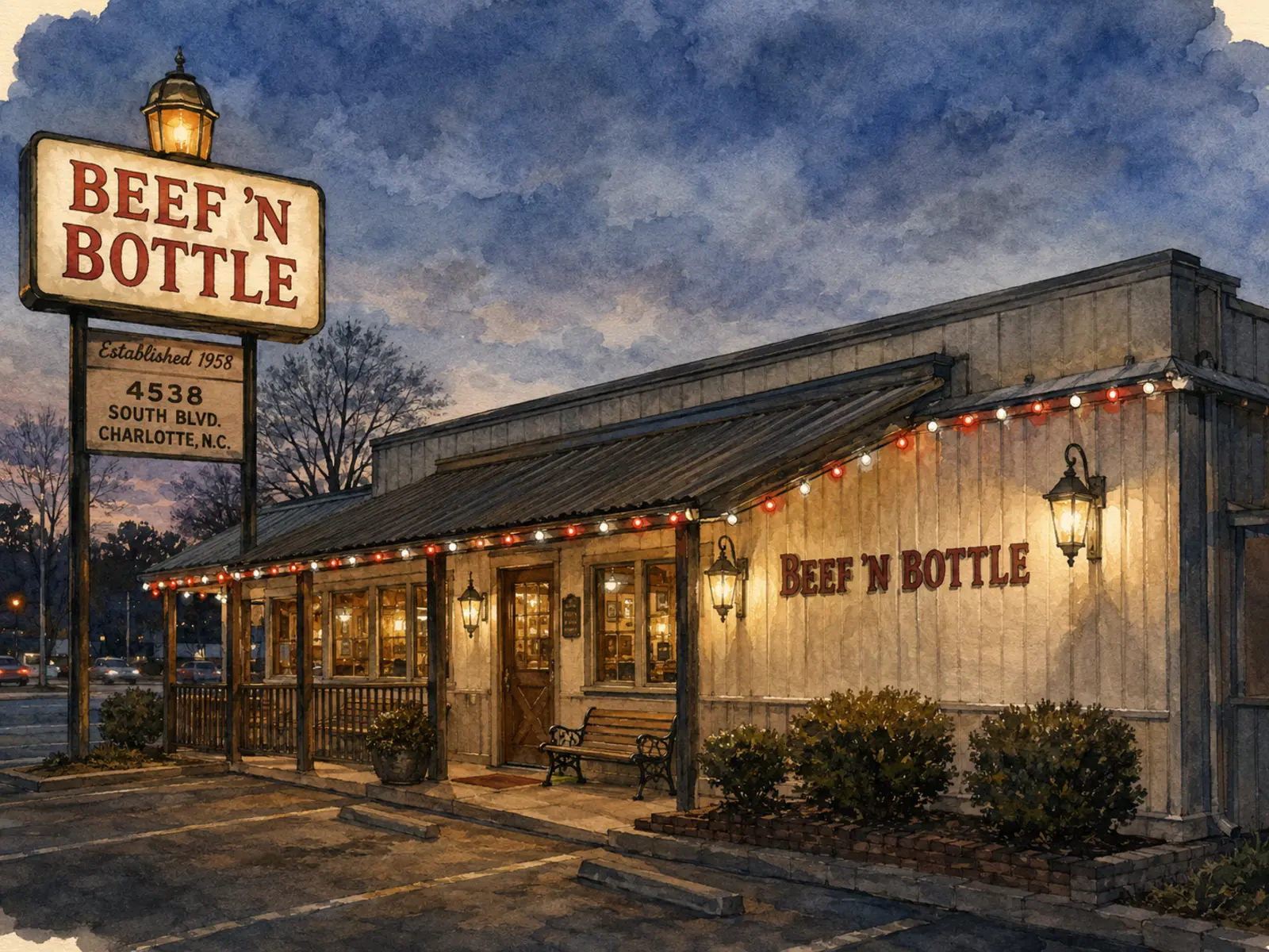Watercolor illustration of the vintage Beef 'N Bottle roadside exterior in Charlotte at blue hour
