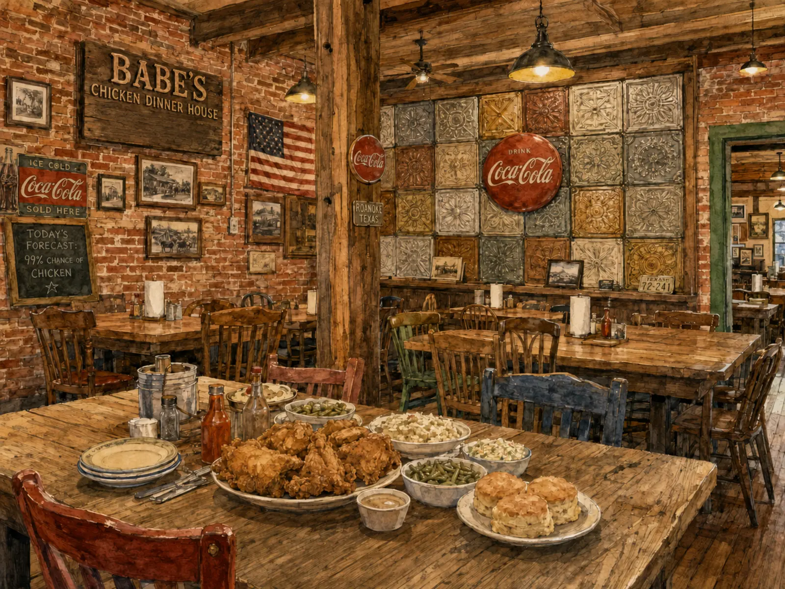 Watercolor illustration of Babe's original Roanoke dining room with brick walls communal tables and family-style fried chicken