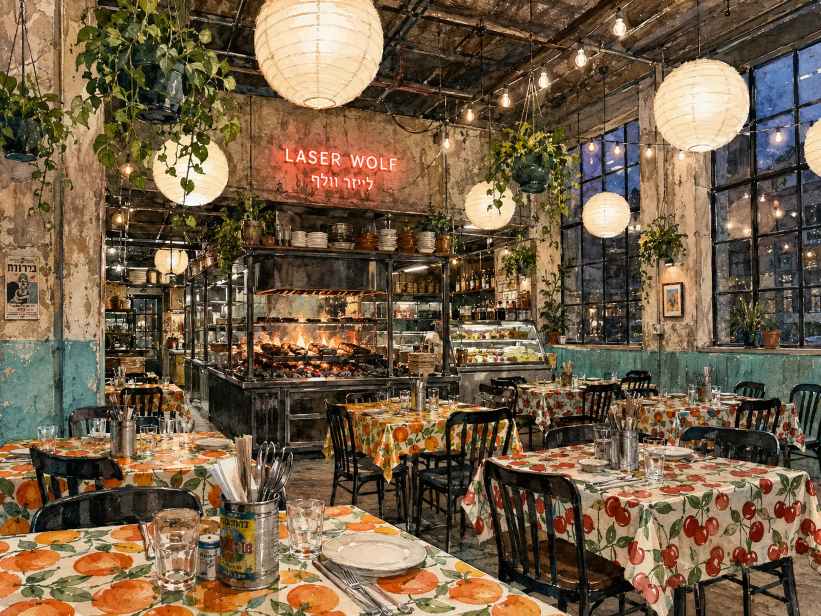 Watercolor illustration of Laser Wolf's lantern-lit industrial dining room and charcoal grill in Philadelphia