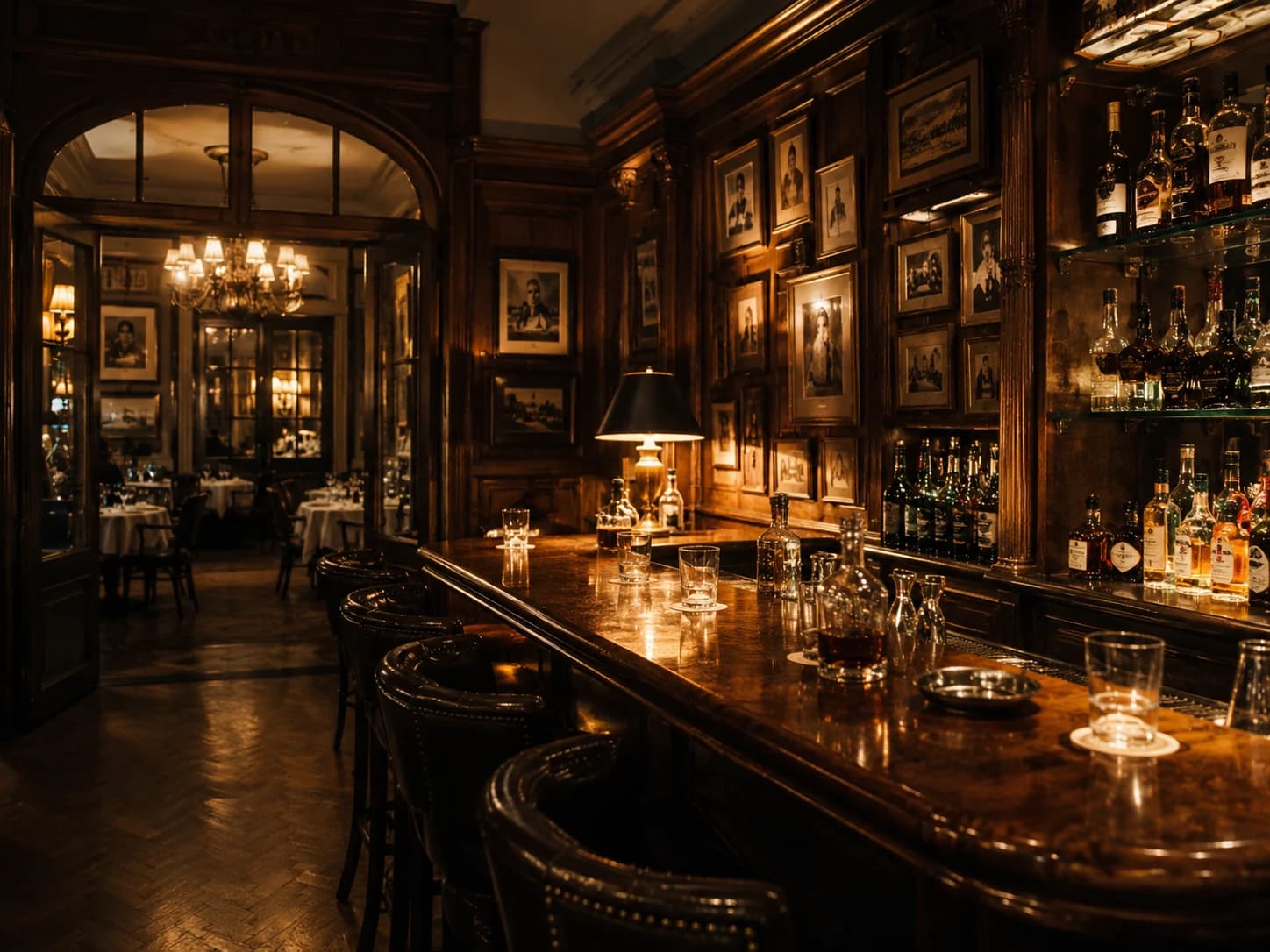 The warmly lit wood bar and framed photographs at Bar Hemingway in the Ritz Paris