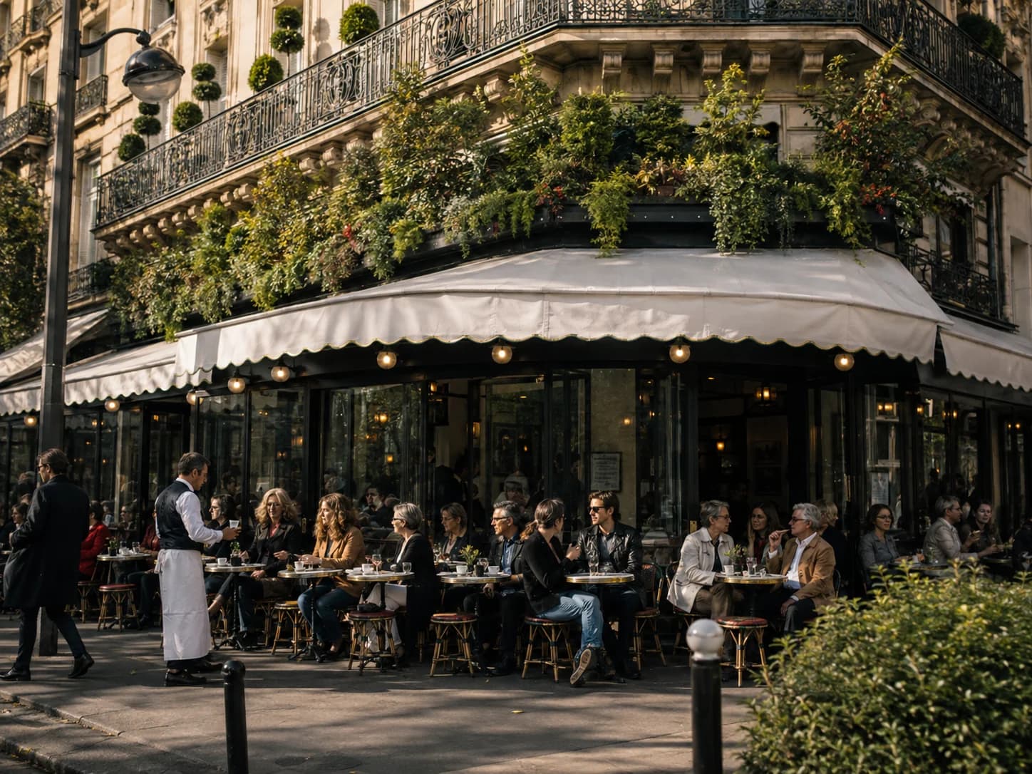 A leafy Paris literary café terrace filled with tables and afternoon patrons
