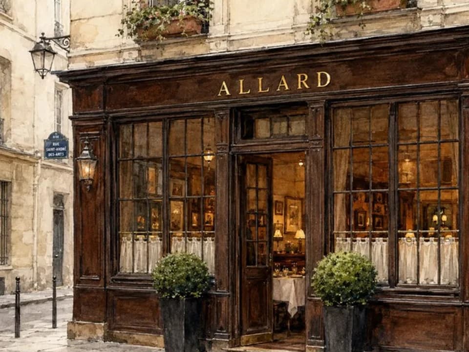 Watercolor editorial illustration of the wood-fronted Allard bistro in Paris