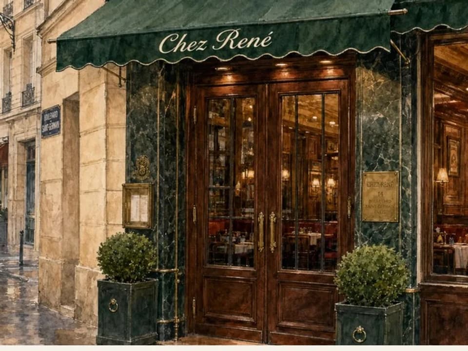 Watercolor editorial illustration of Chez René on a rainy Paris street