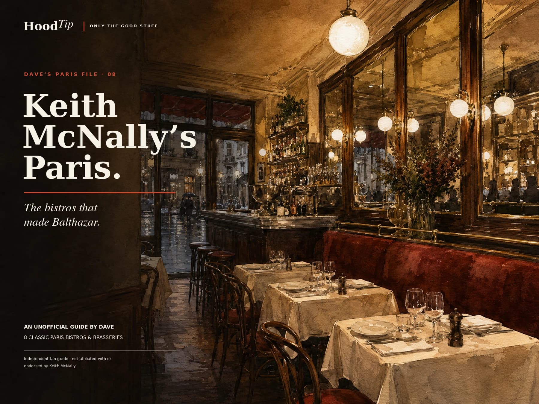 HoodTip editorial illustration of a warmly lit Paris bistro with mirrored walls and red banquettes