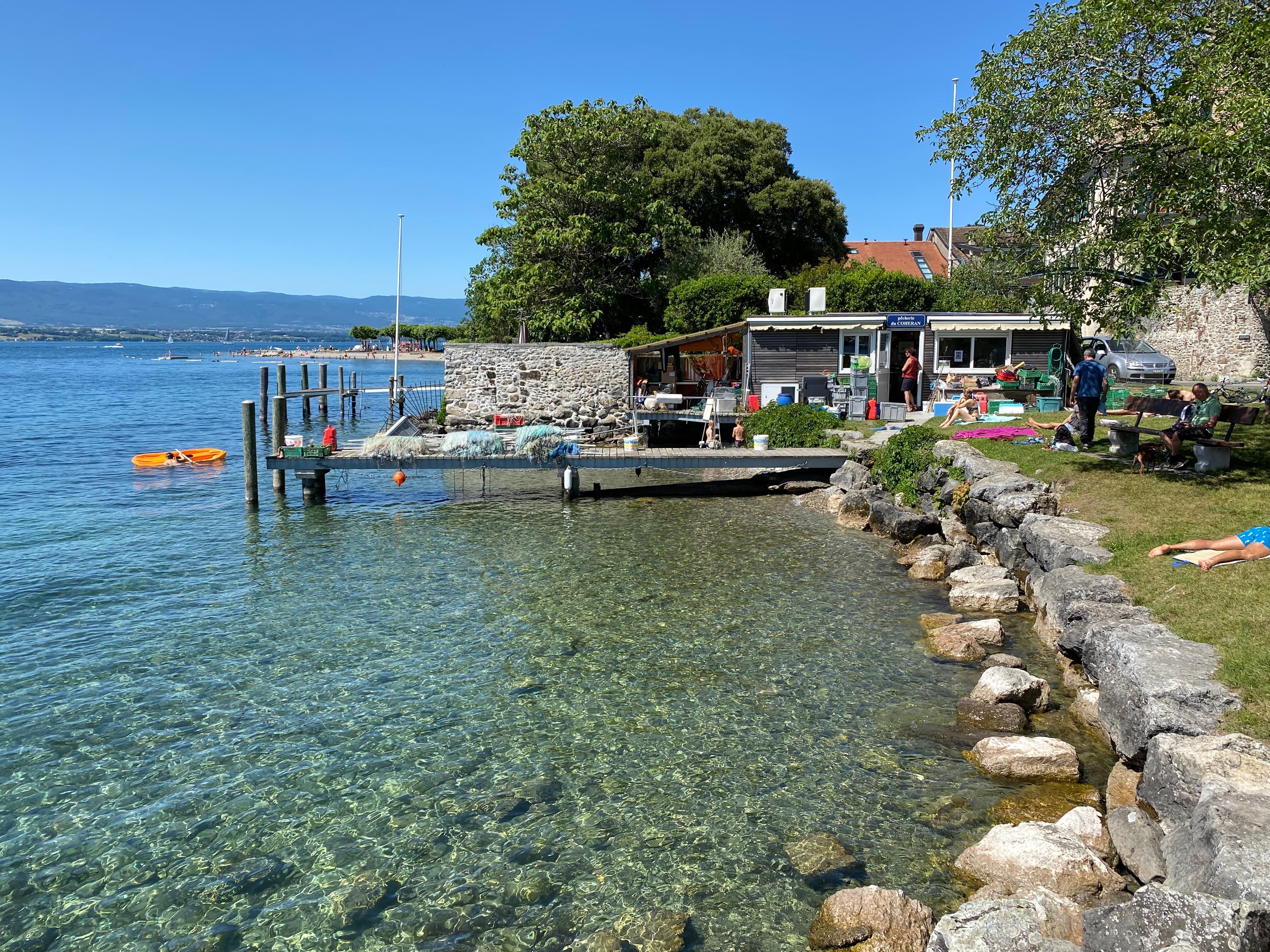 The lakeside village and swimming rocks at Hermance