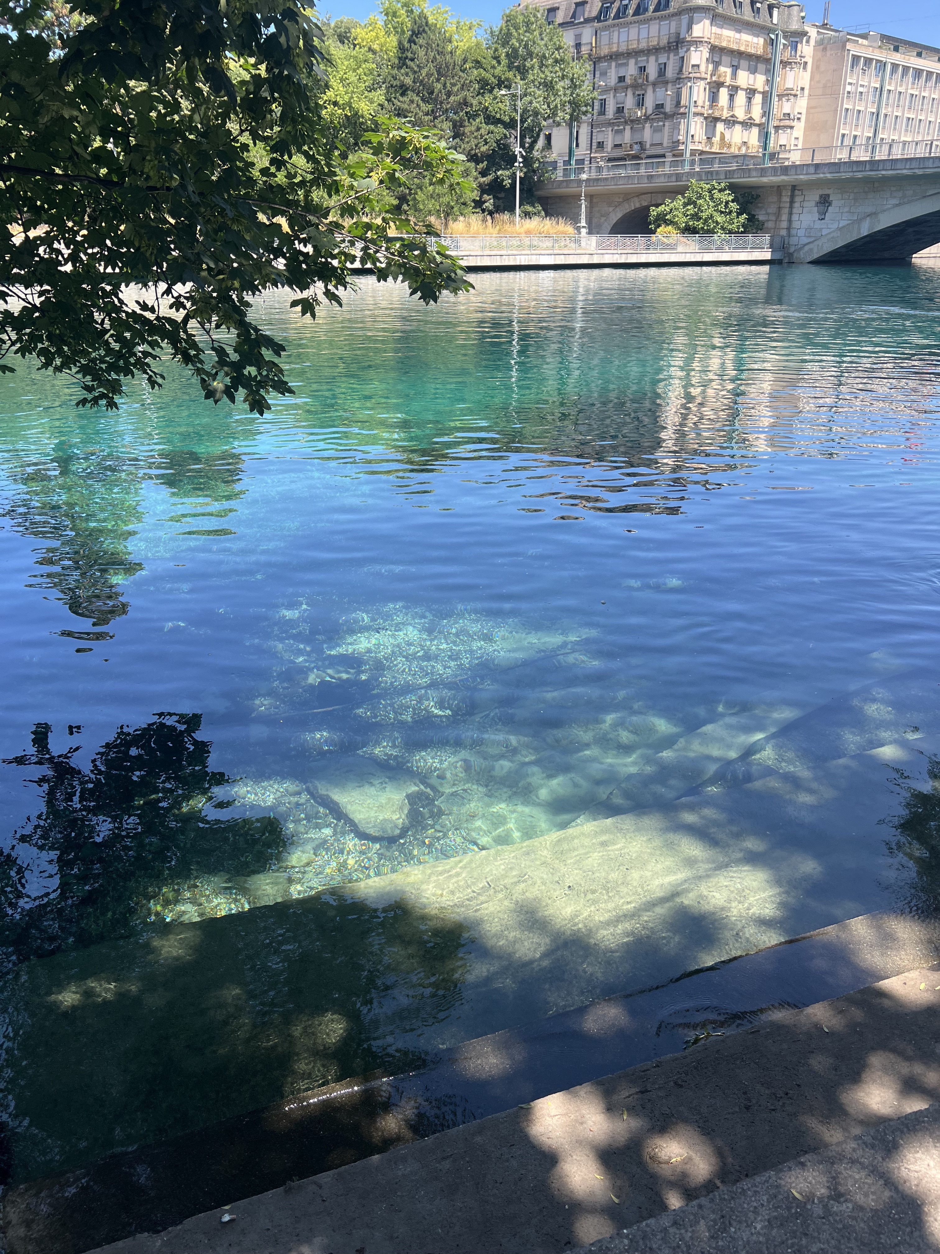 The Rhône at La Barge, Geneva — crystal clear turquoise water, stone entry steps, bridge behind