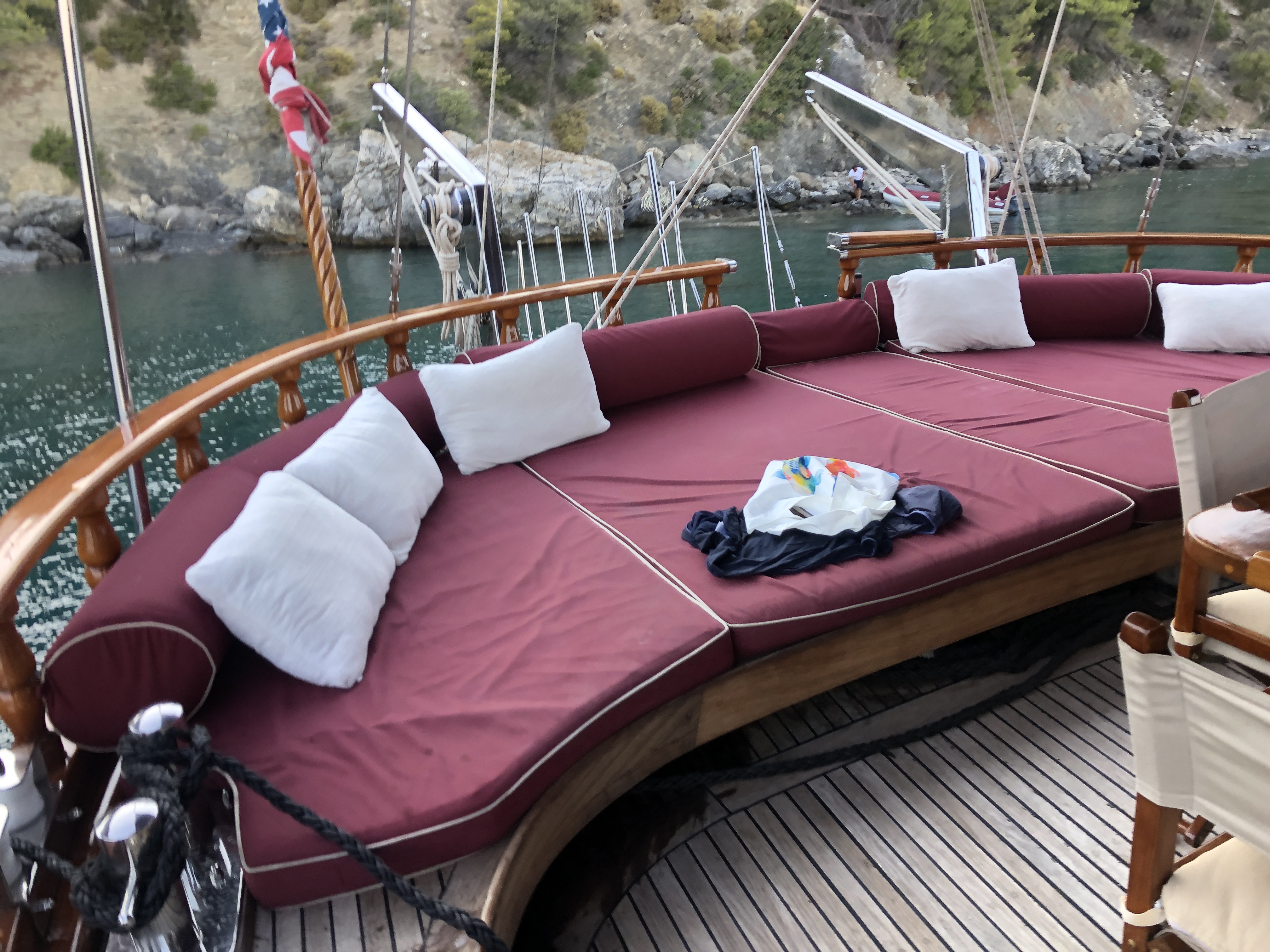 The aft deck of Il Fratello, anchored in a quiet Aegean bay