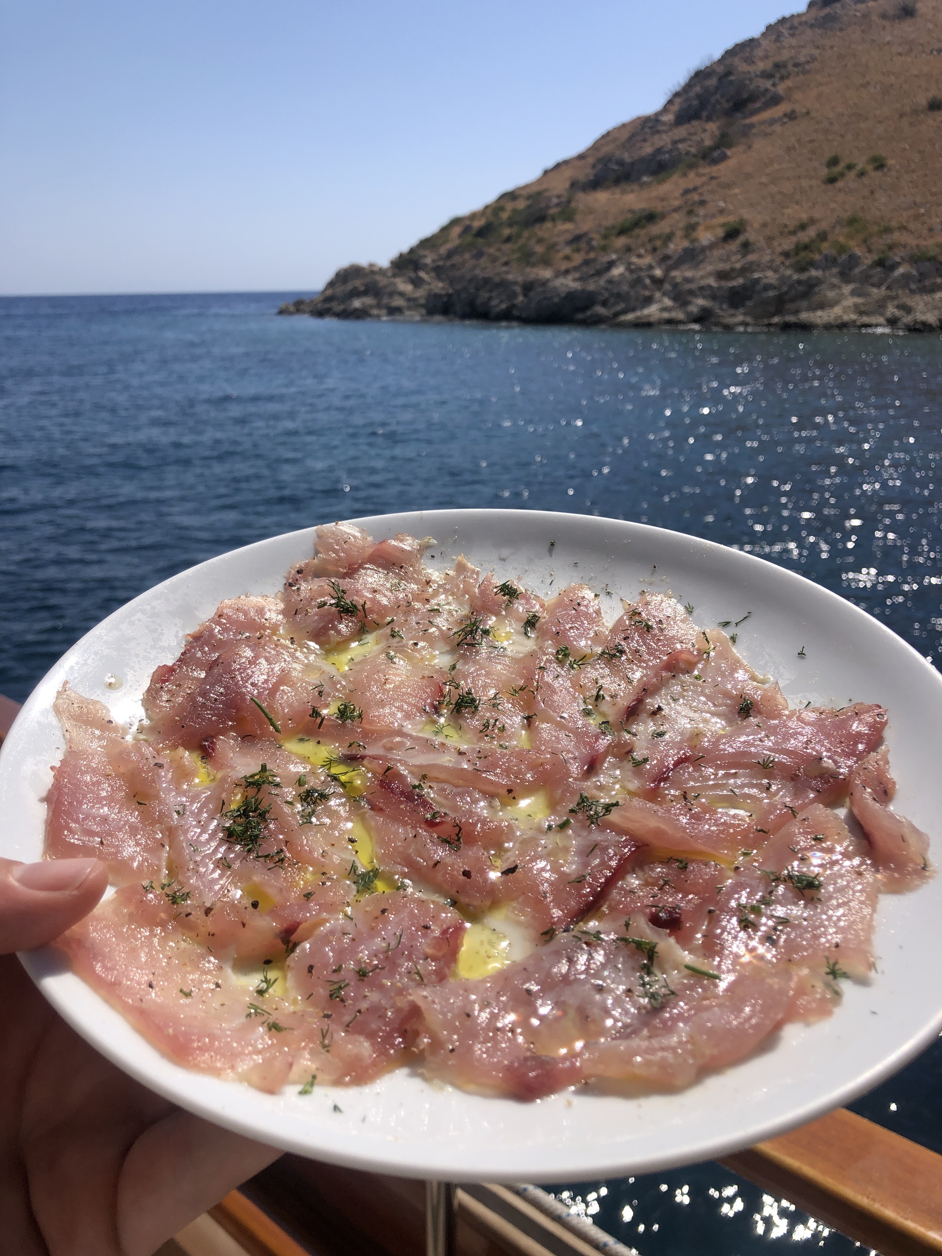 Bonito sashimi held over the Aegean — olive oil, dill, fresh out of the water