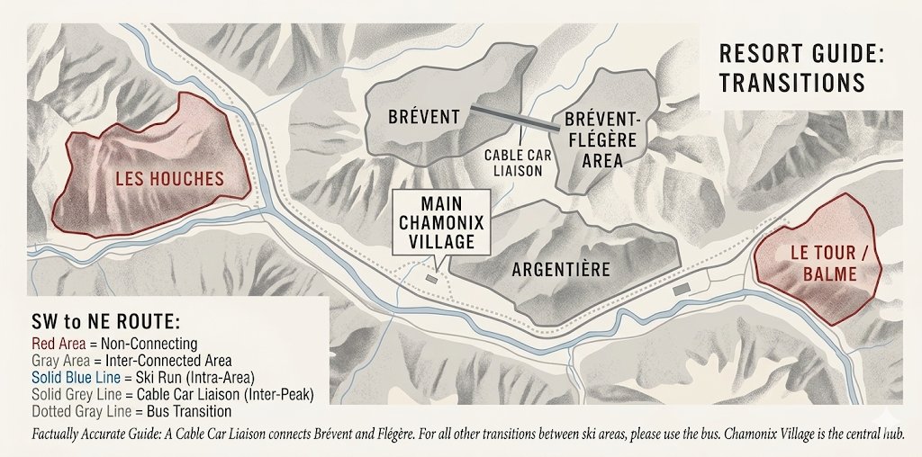 Map of Chamonix ski areas showing Les Houches and Le Tour / Balme as non-connecting (red), Brévent–Flégère as interconnected by cable car, and bus transitions between all areas