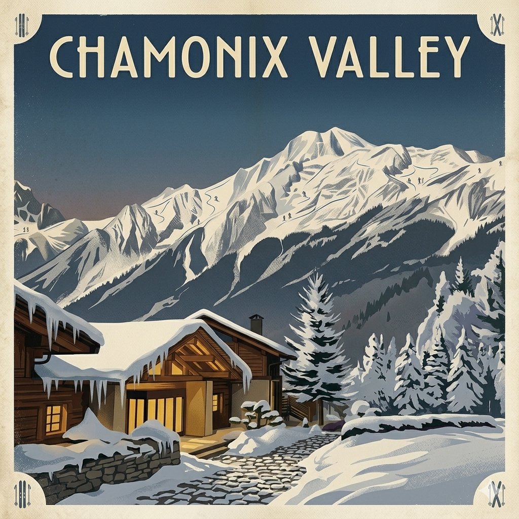 Chamonix Valley — chalet, snow-covered pines, ski runs on the Mont Blanc massif