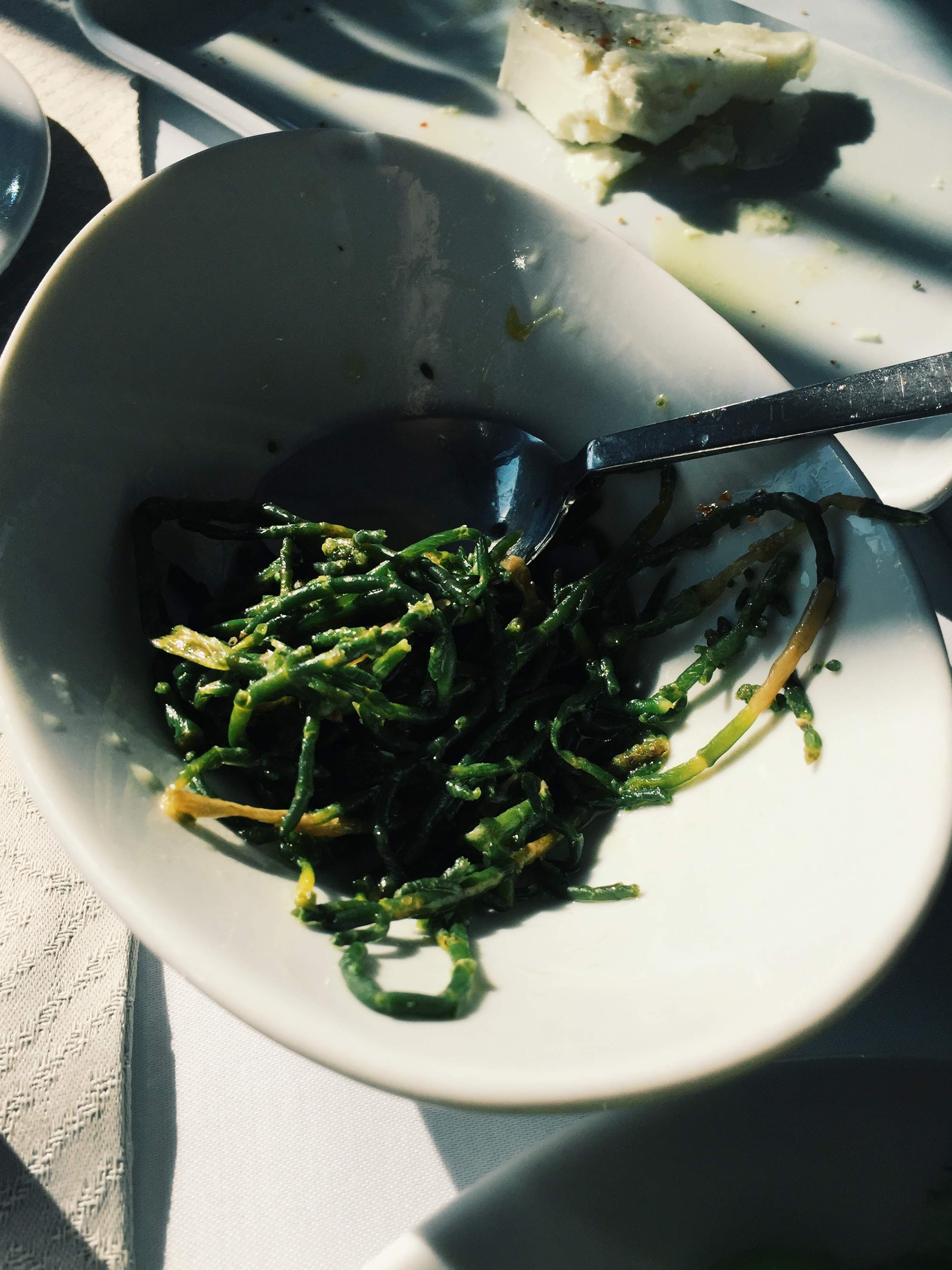 A bowl of samphire — sea beans — dressed in olive oil at Filinta