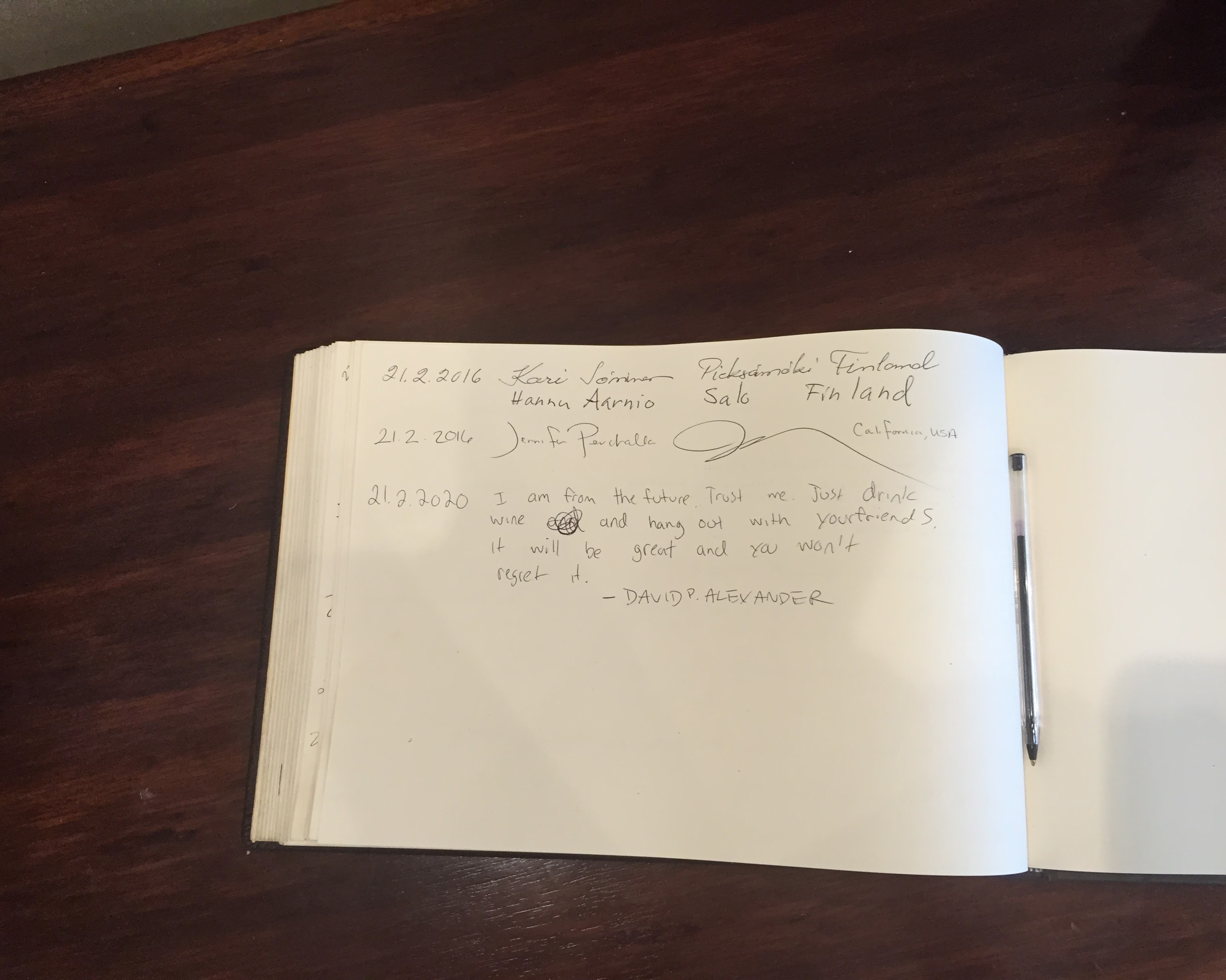 Glen Carlou guestbook — 2020 entry from David P. Alexander: 'I am from the future. Trust me. Just drink wine'