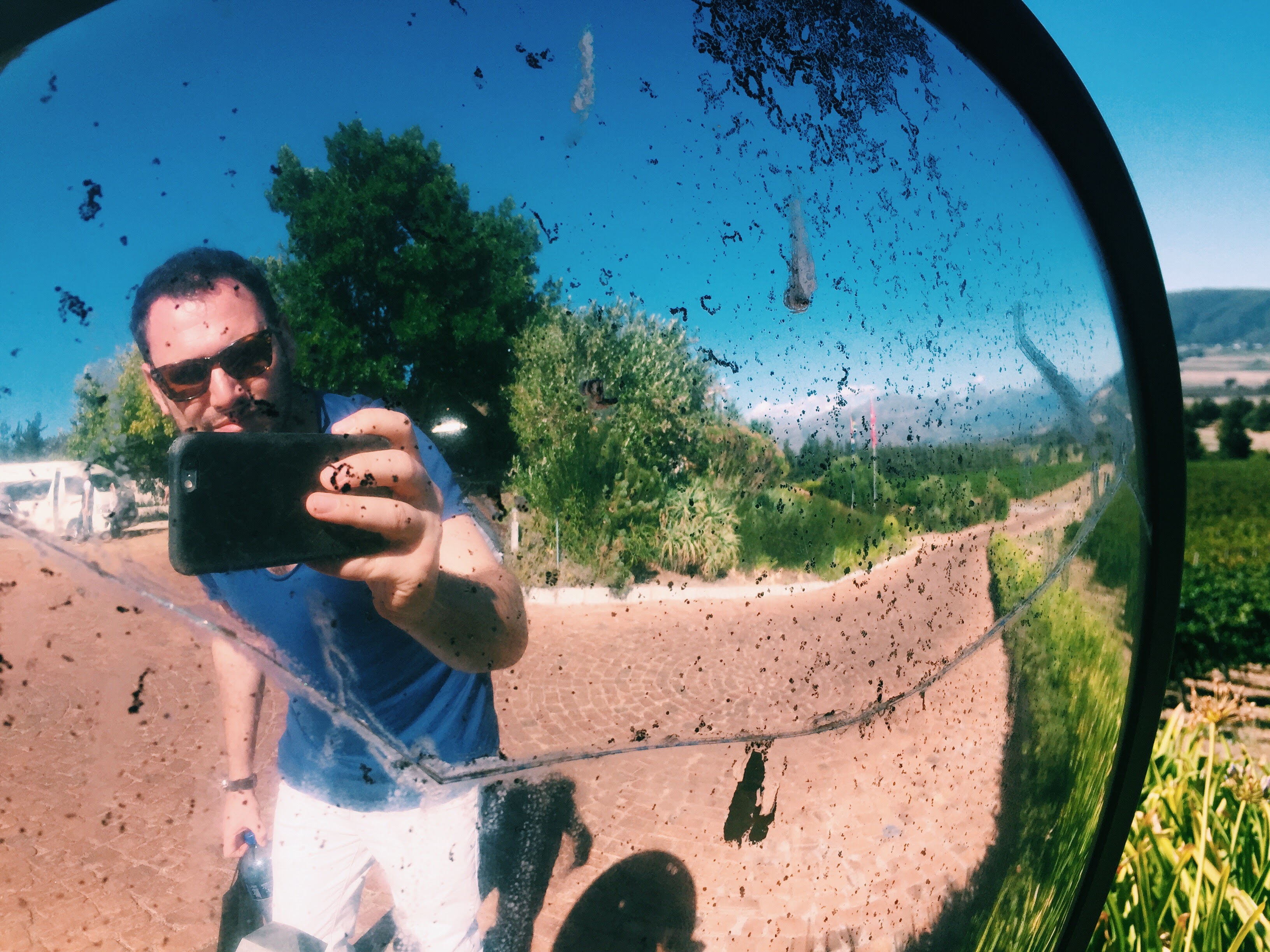 Mirror selfie in a car side mirror — dusty red Cape Winelands road, vineyards behind