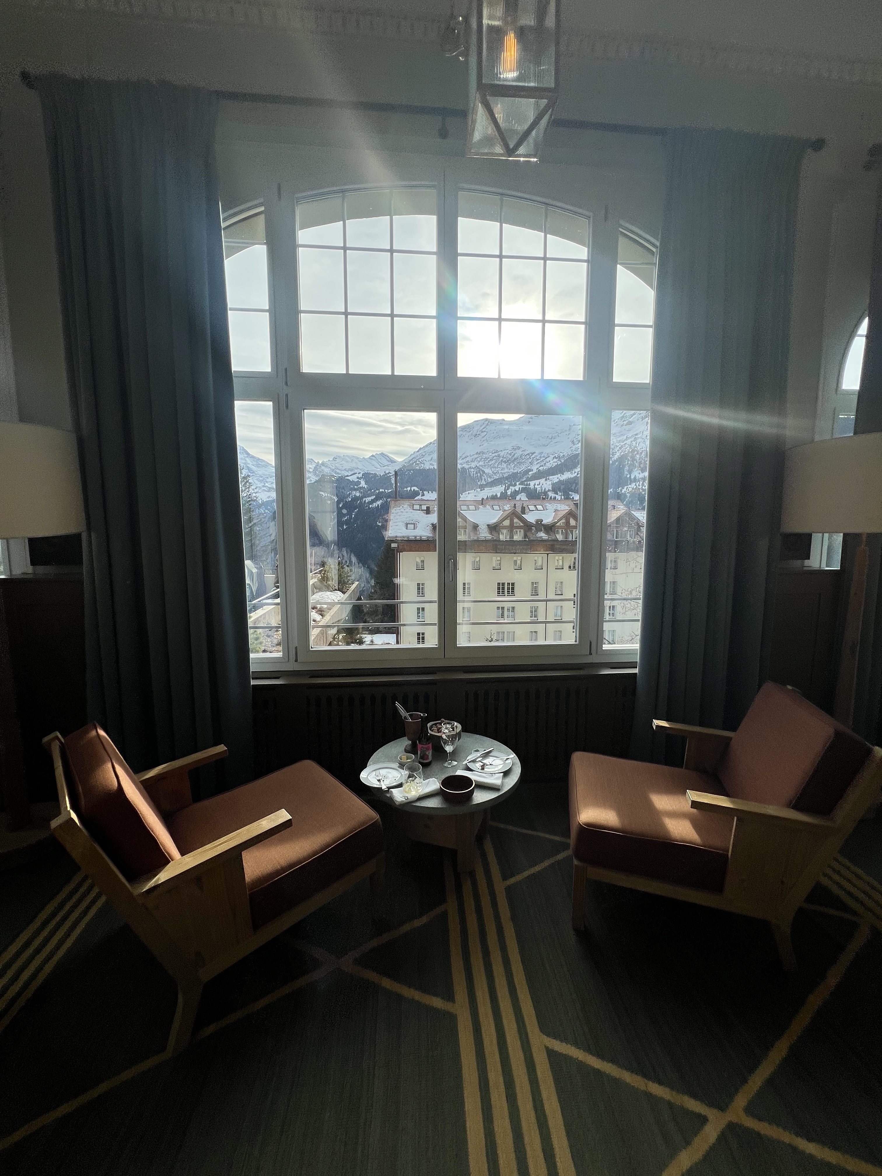 Grand Hotel Belvedere lobby sitting room, arched window, mountain view