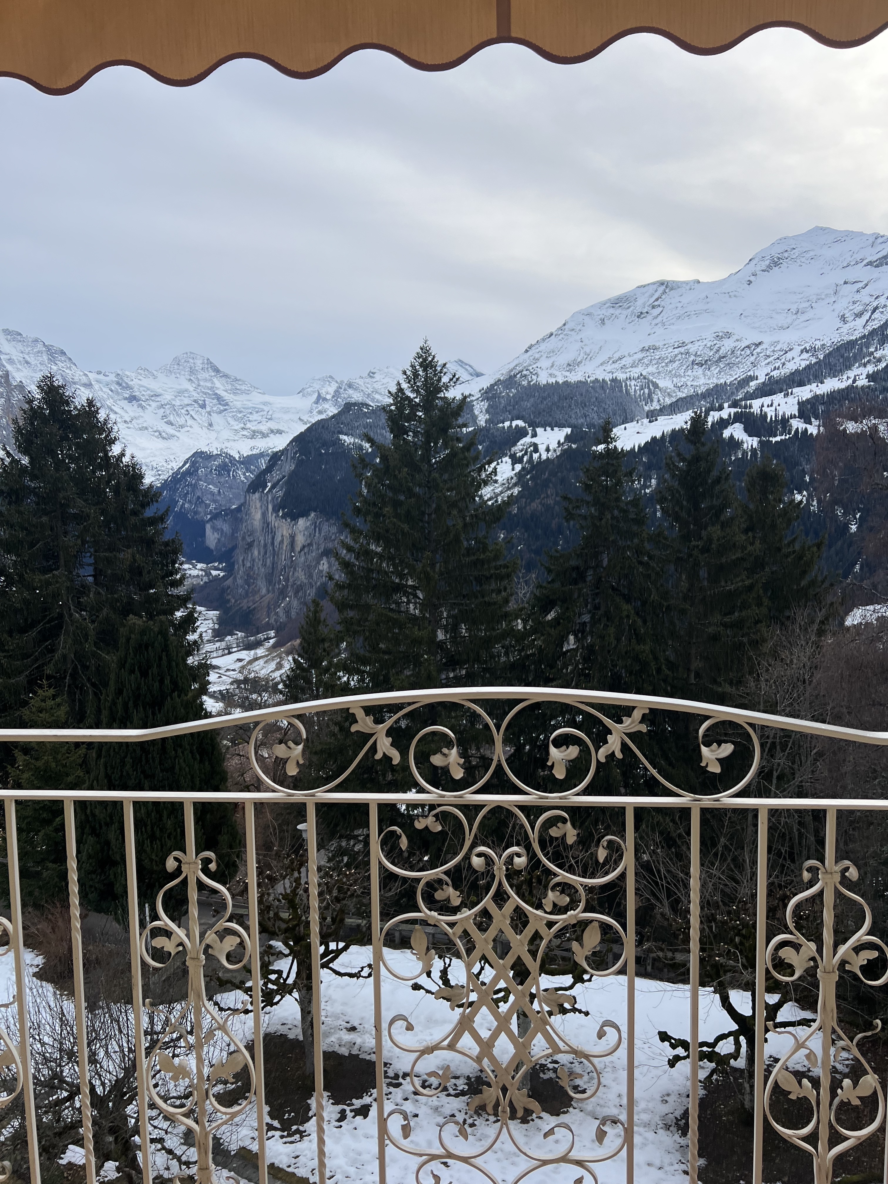 Grand Hotel Belvedere room balcony view, Lauterbrunnen valley, ornate ironwork