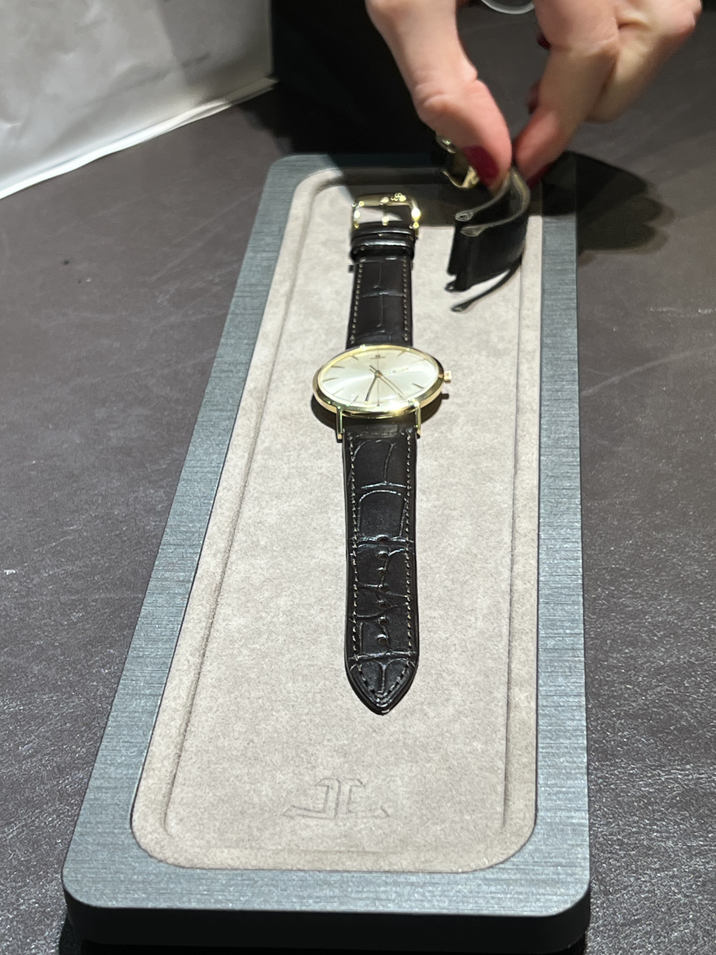 The watch on the JLC presentation tray, Geneva boutique