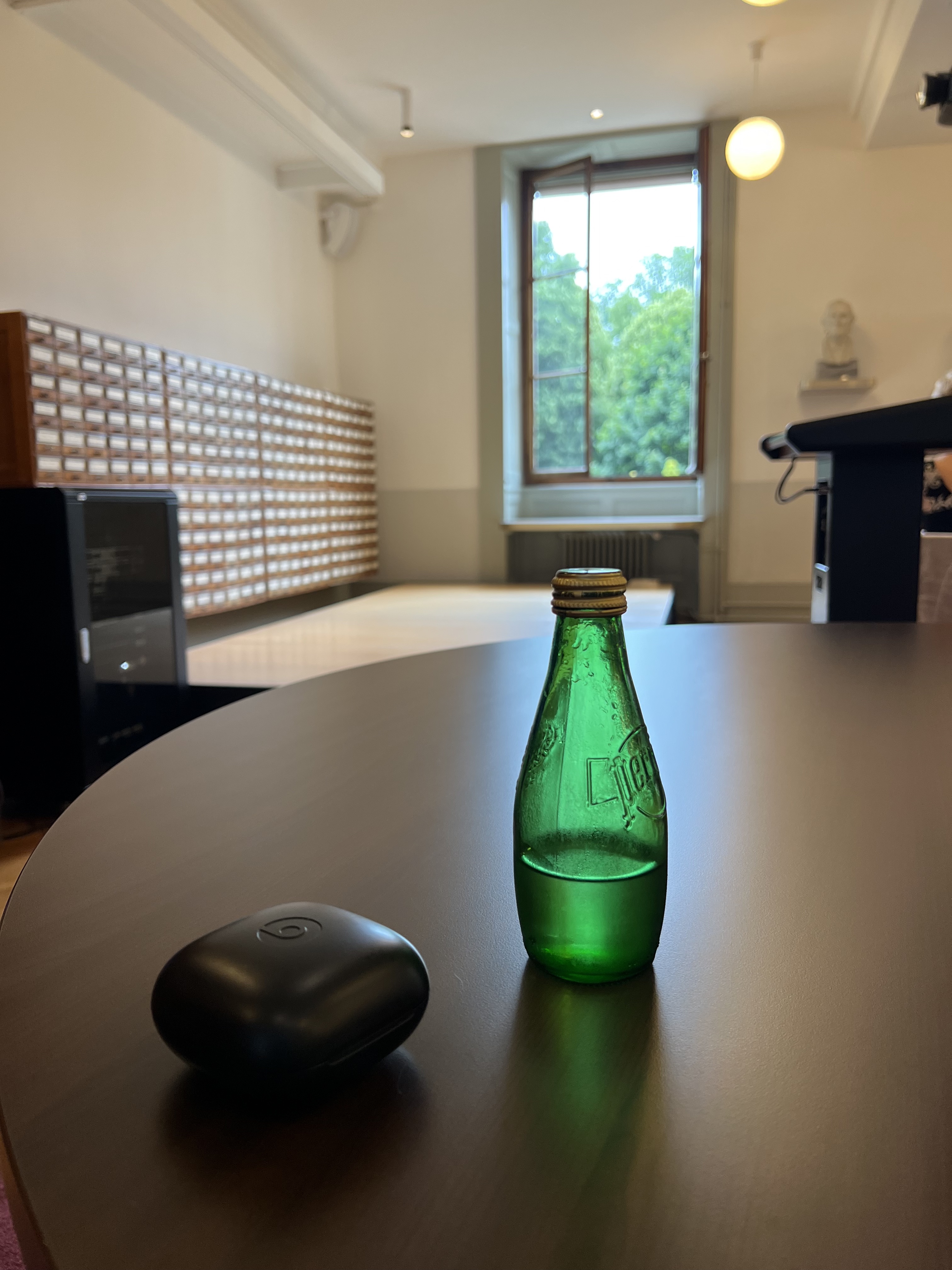 Bibliothèque de Genève interior — table, card catalogue, window onto the park
