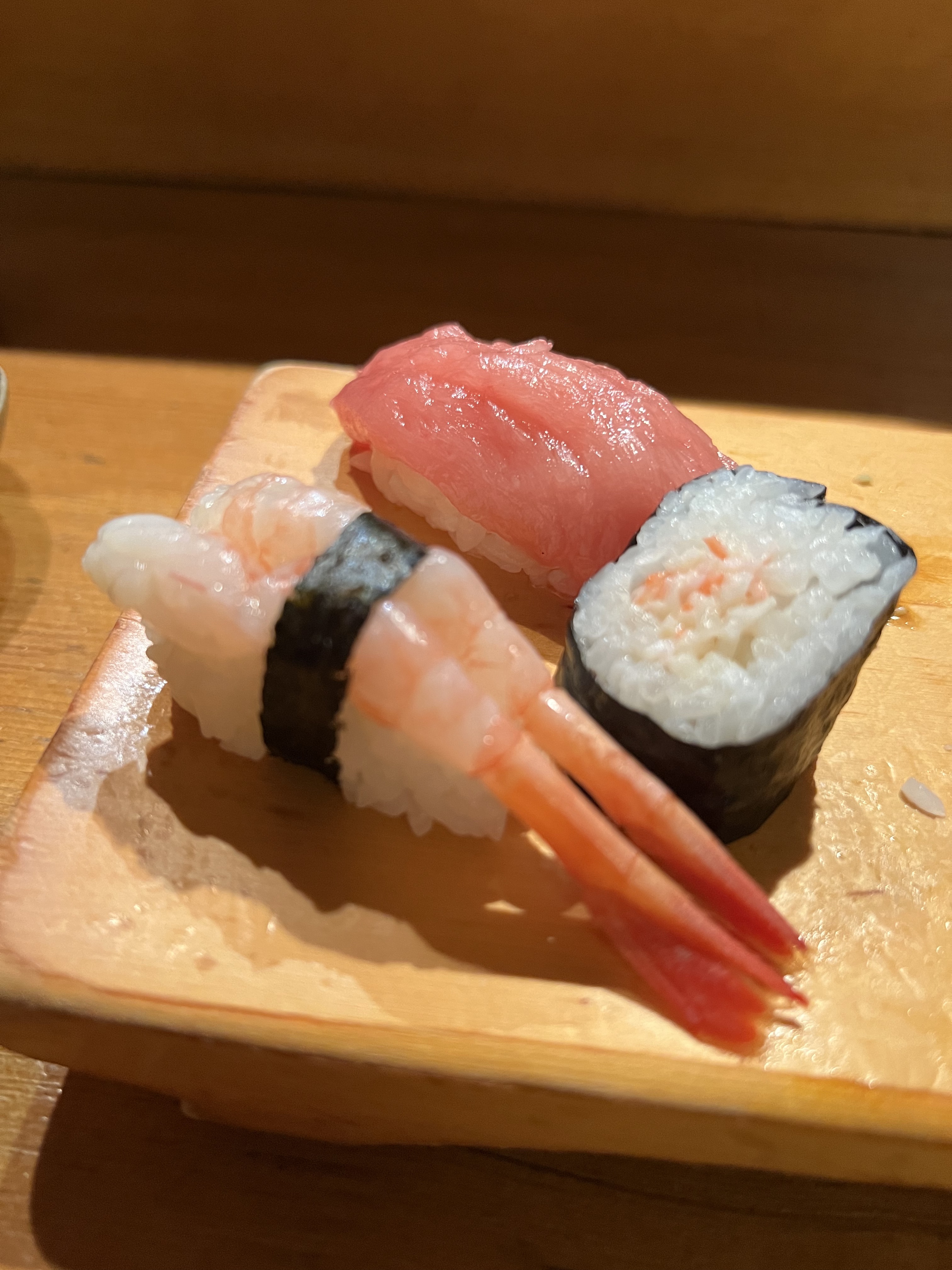 Nigiri close-up at Nagomi — prawn, tuna, crab maki