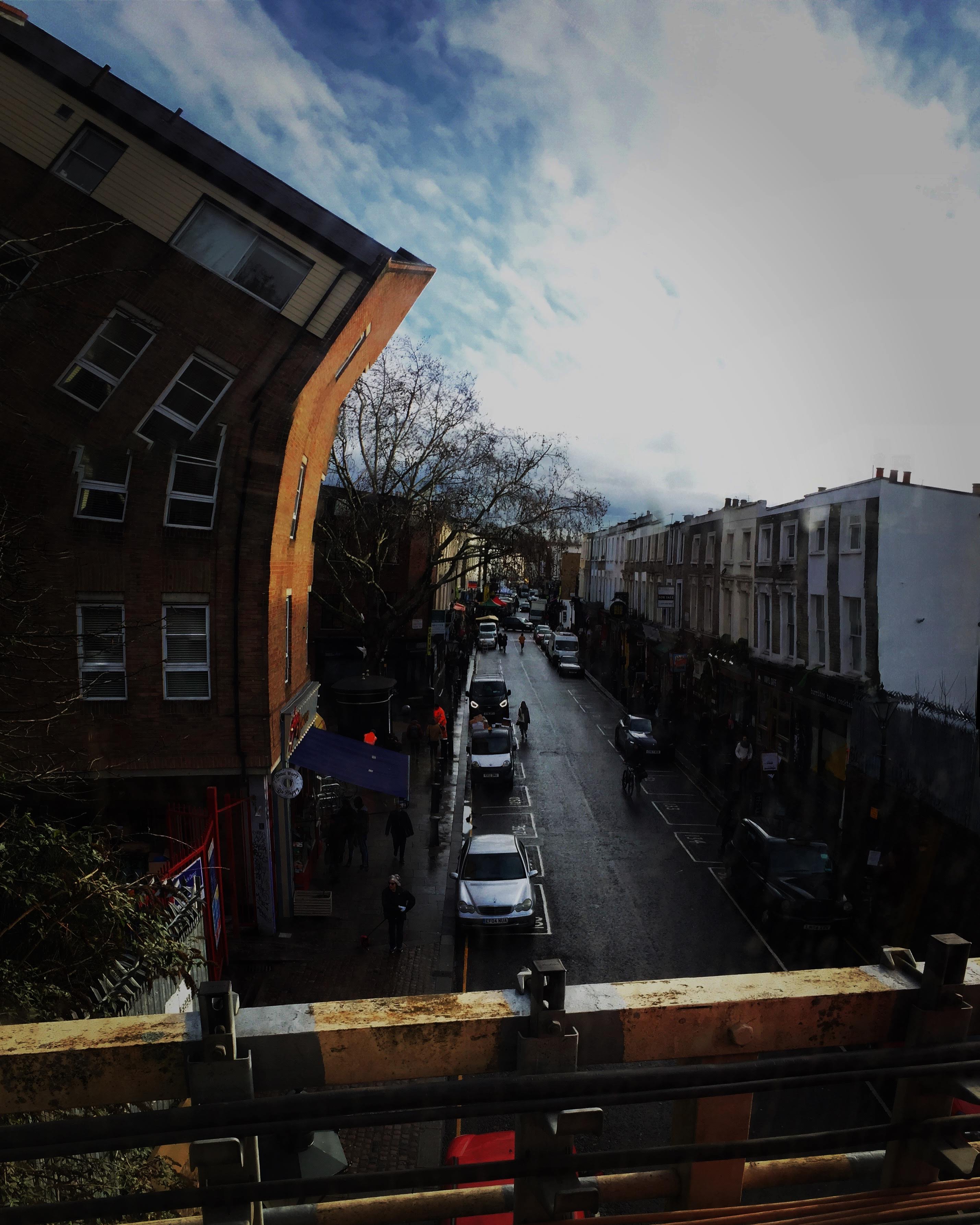 Portobello Road from train bridge, Notting Hill London, panorama distortion