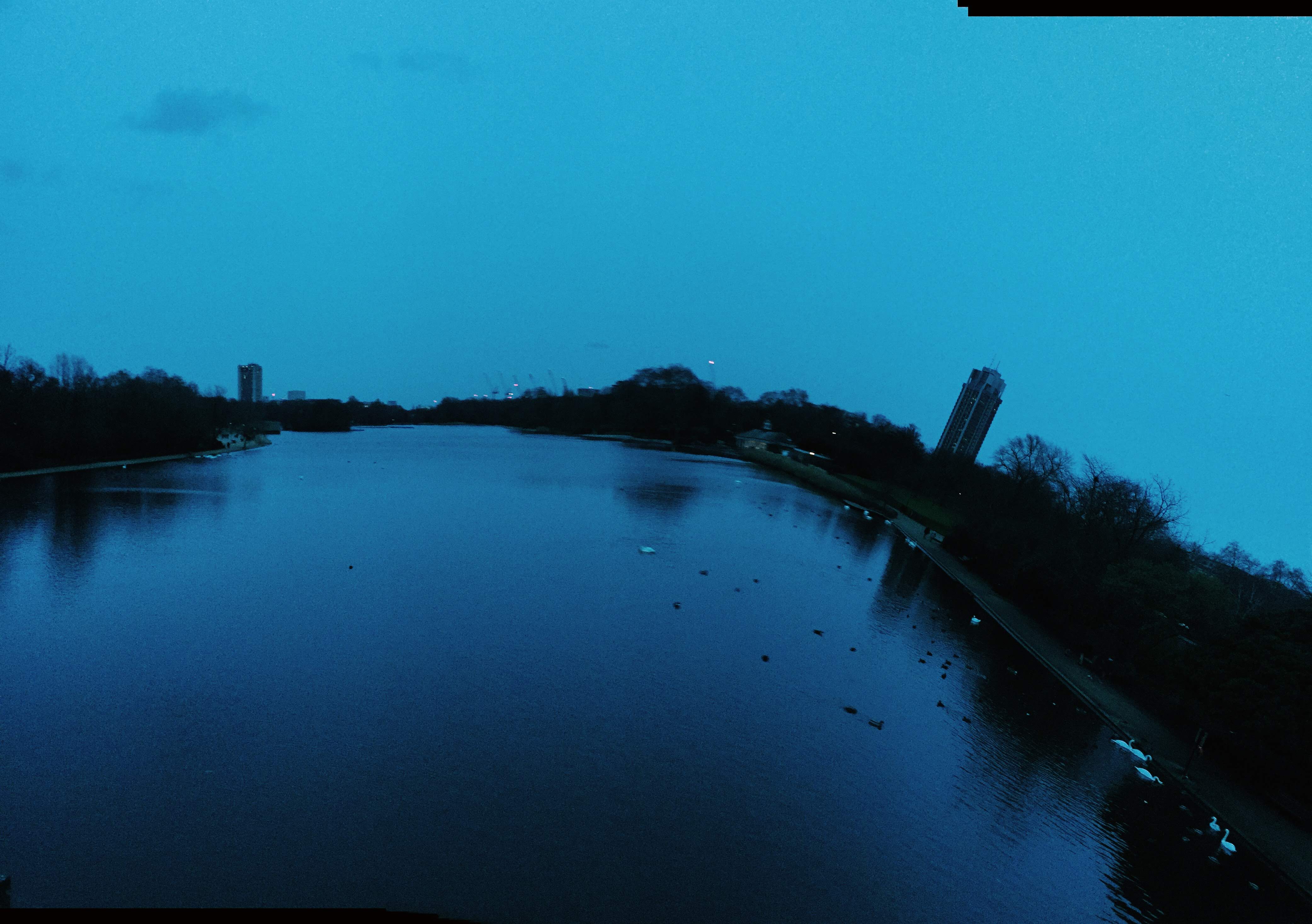 The Serpentine at dusk, Hyde Park London, panorama sweep, blue hour