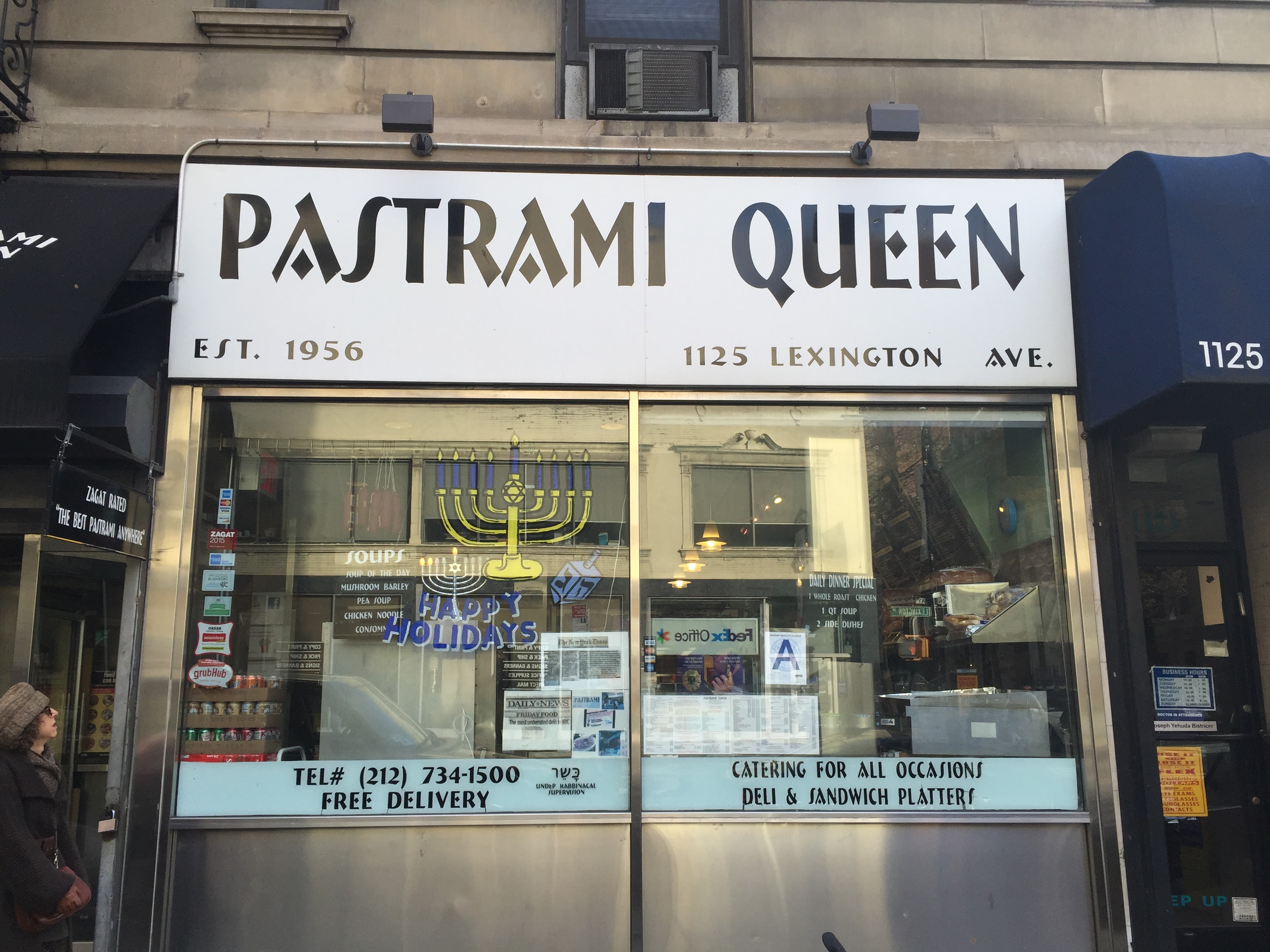 Pastrami sandwich and half sour pickle at Pastrami Queen, Upper East Side