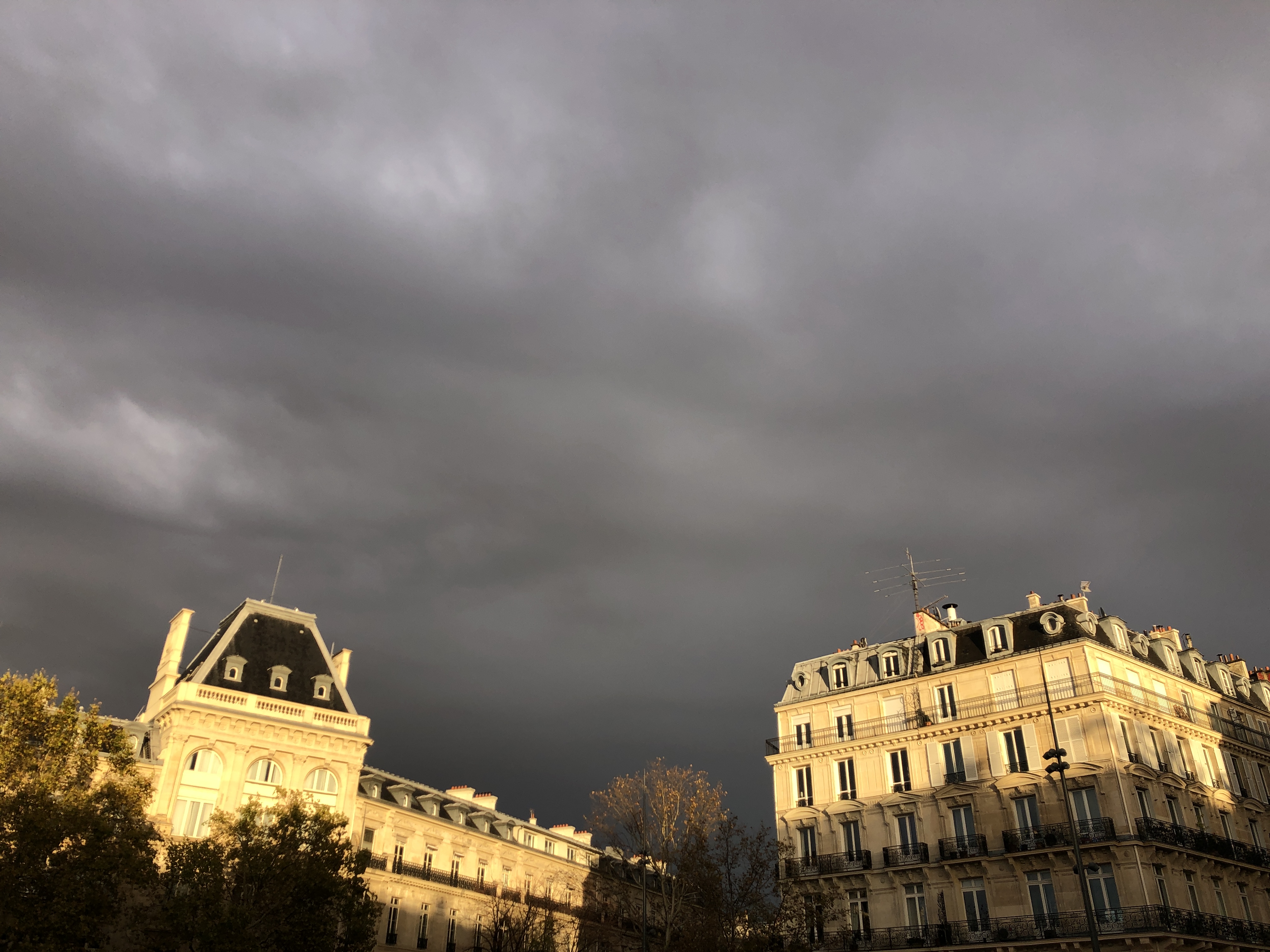 Haussmann buildings lit golden under a dark storm sky