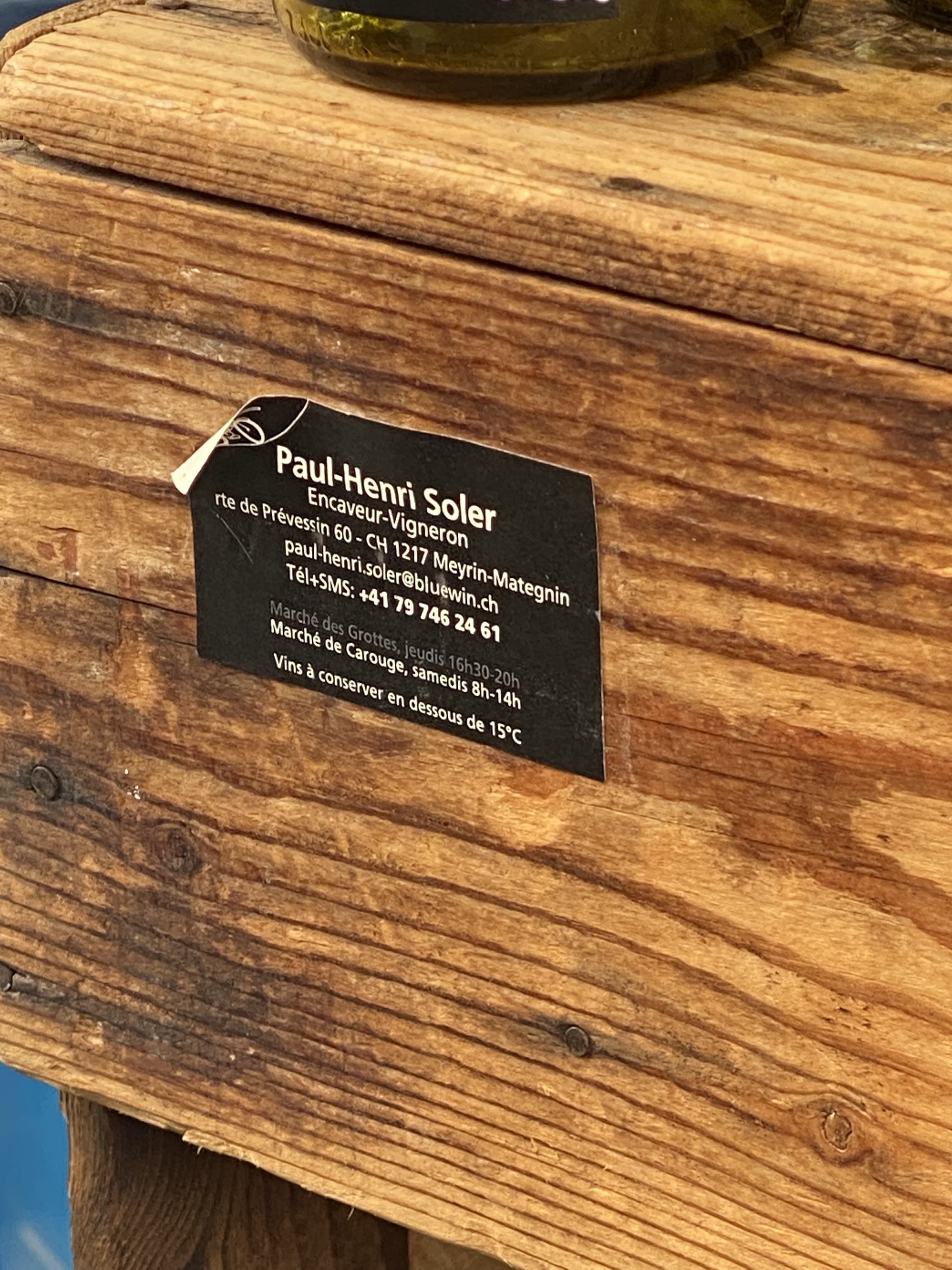 Paul-Henri Soler contact info sticker on wooden crate — Encaveur-Vigneron, Meyrin-Mategnin