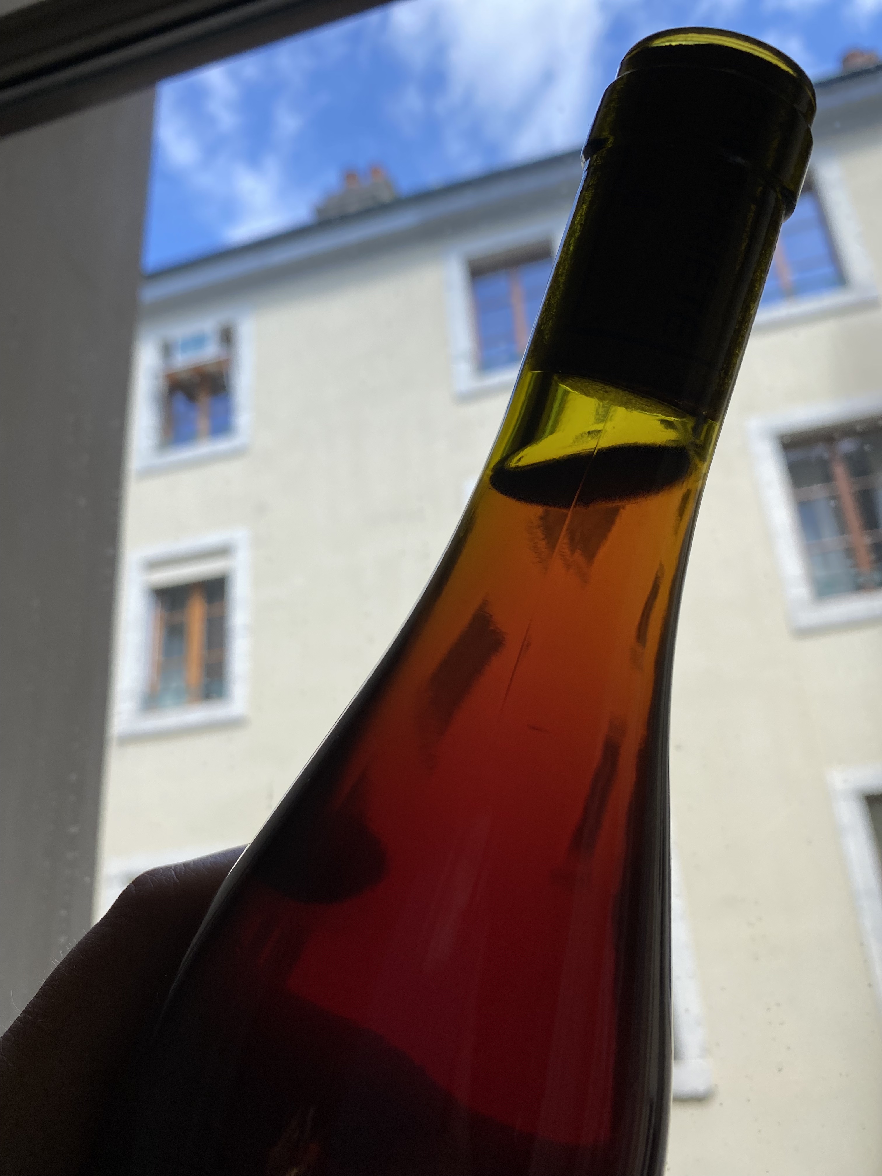 Paul-Henri Soler wine held up to a window — the amber colour of the maceration wine