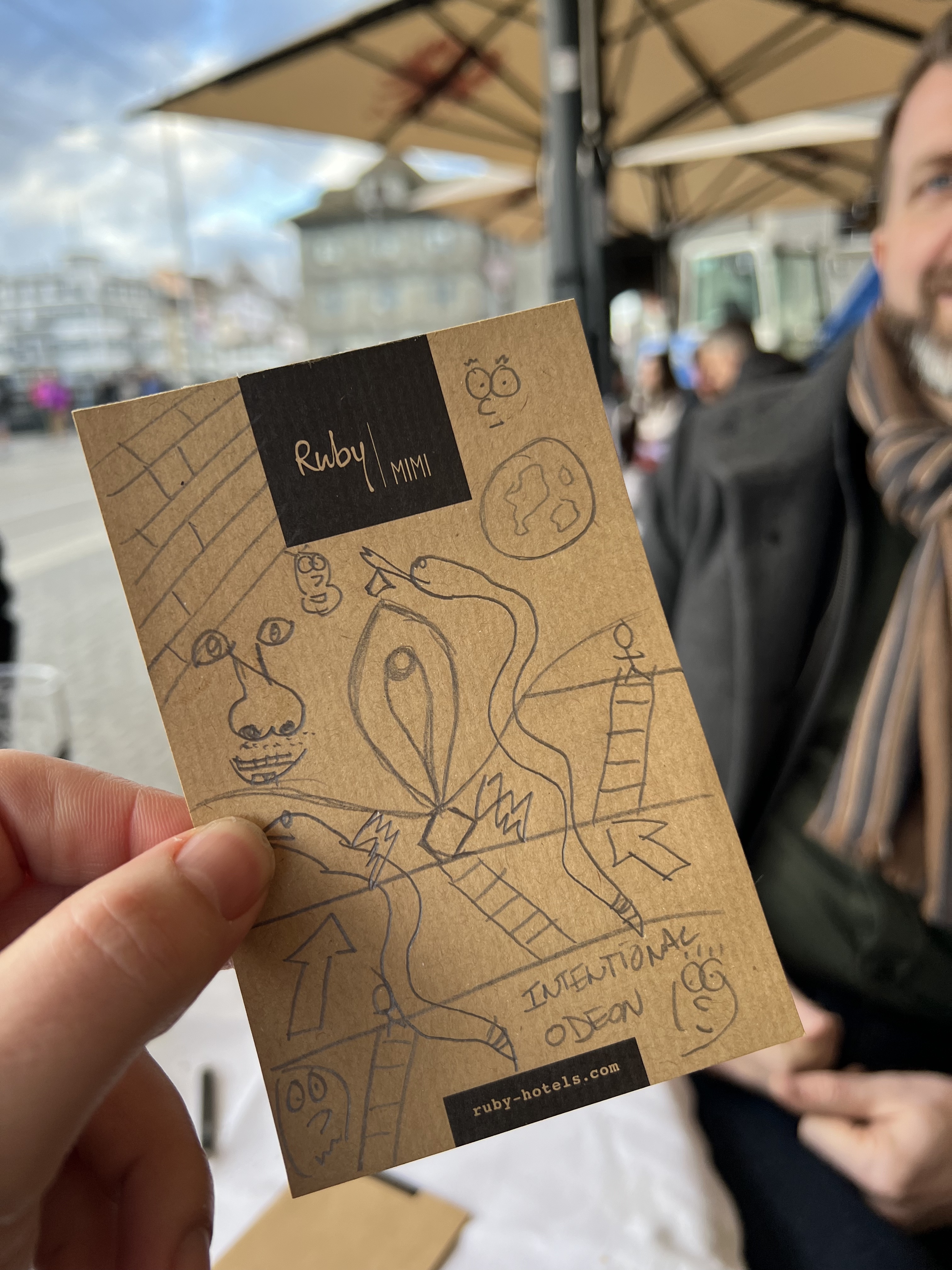 Ruby Mimi branded notepad covered in biro doodles — the kind of hotel that gives you a notepad worth doodling on